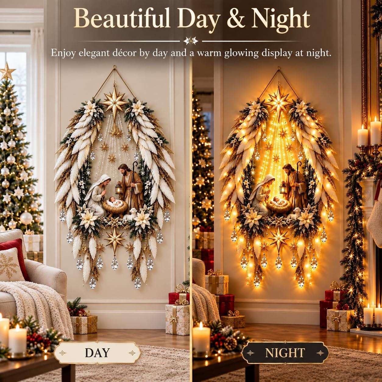 Christmas Nativity Tree Wall Hanging Light – Illuminated Angel & Star Holiday Decoration