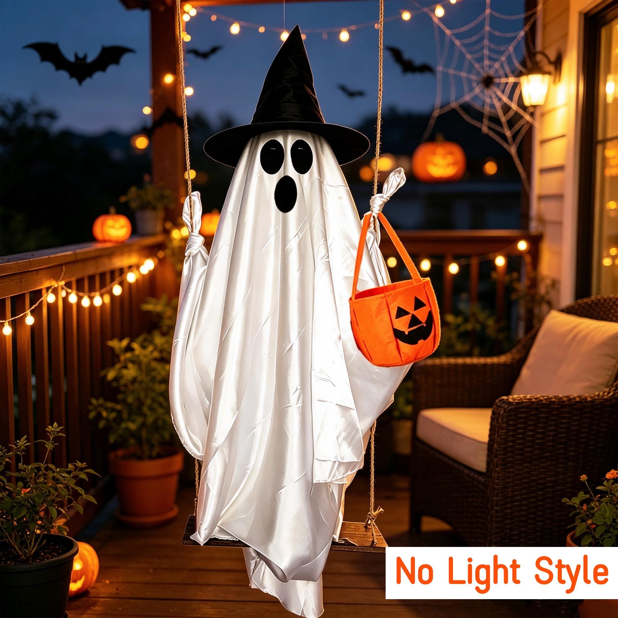 Halloween Swing Ghost Decor with Witch Hat & Pumpkin Candy Bag, Battery Powered Glowing Ghost Hanging Ornament for Yard Porch Party
