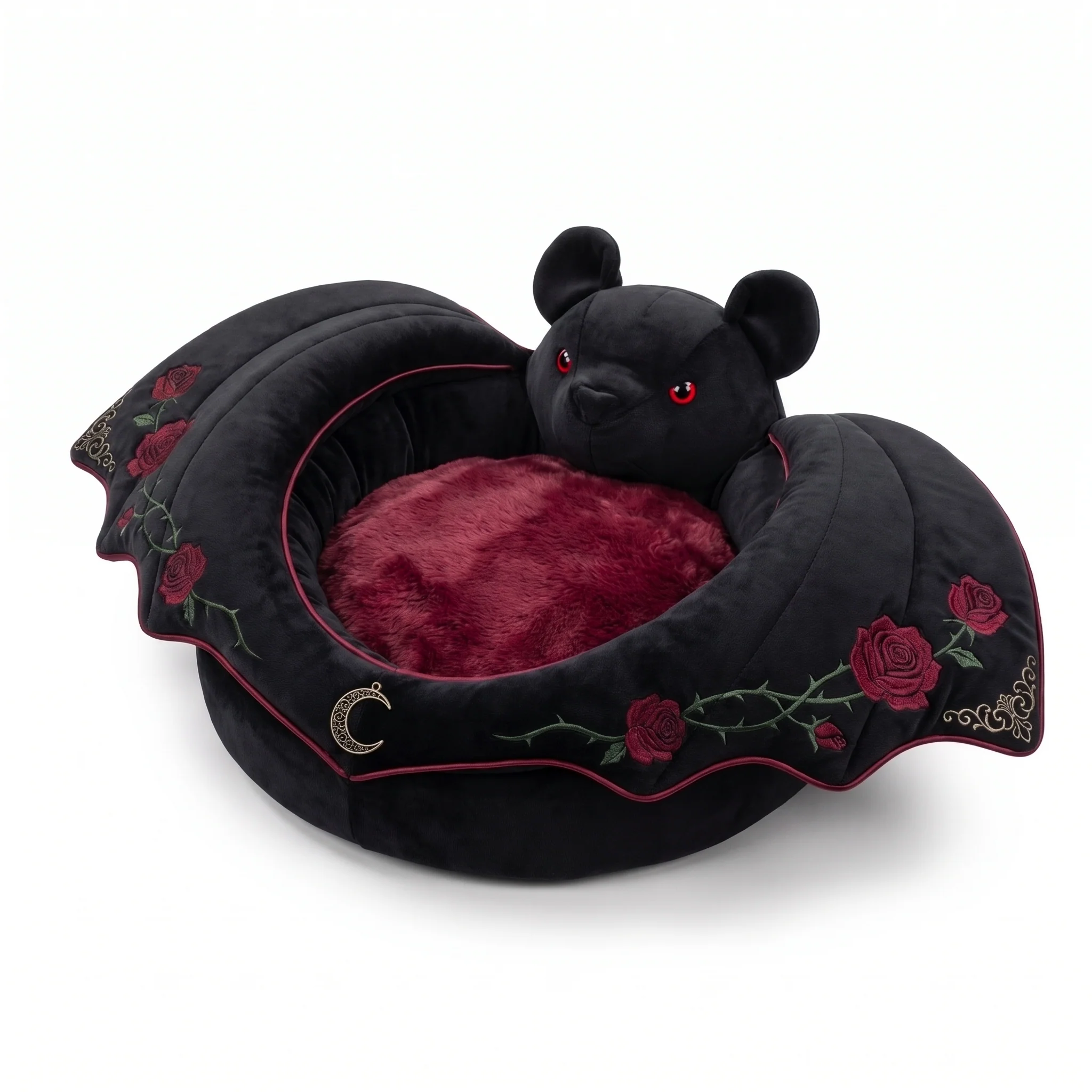 Witchy Crescent Moon Gothic Cat Bed – Rose & Bat Design