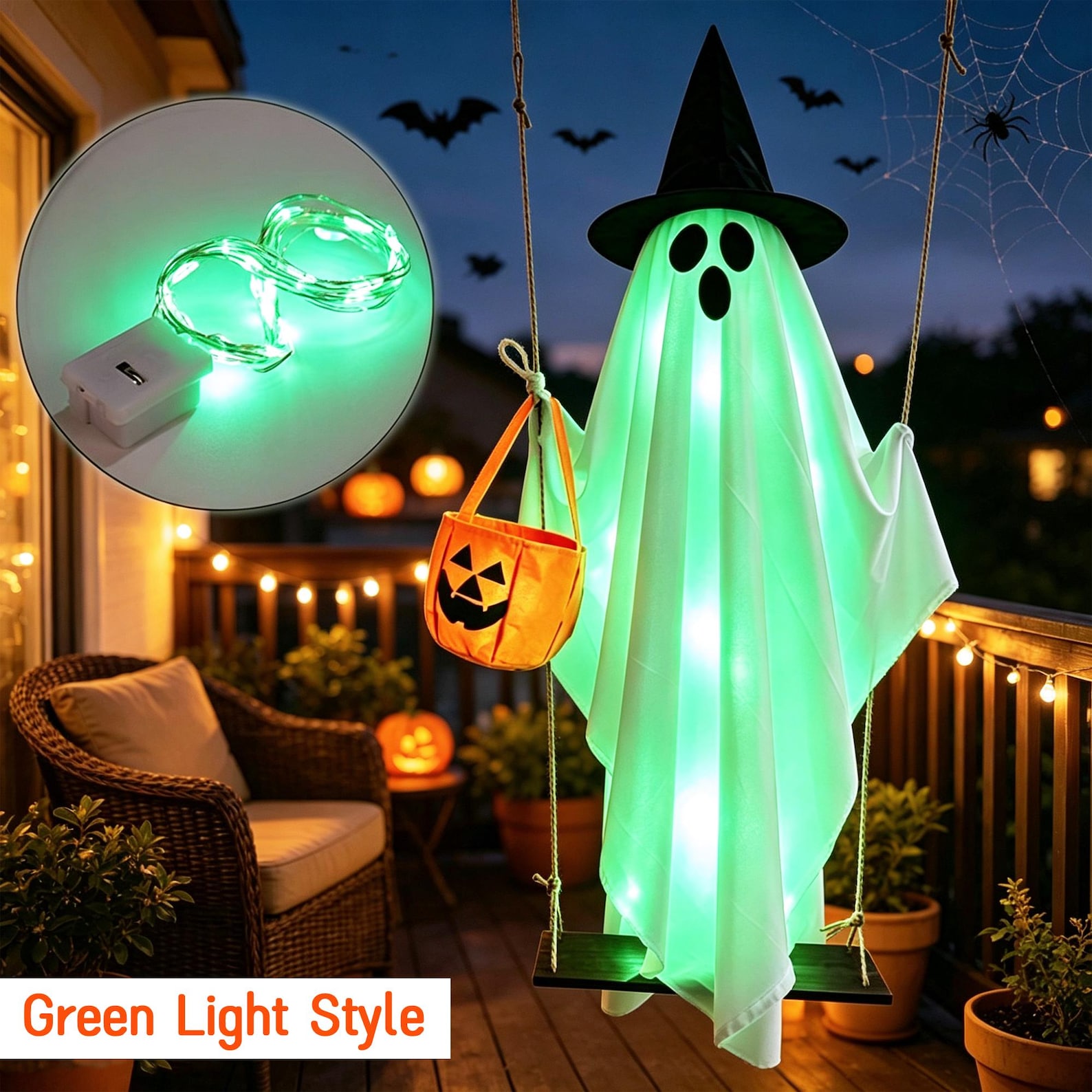 Halloween Swing Ghost Decor with Witch Hat & Pumpkin Candy Bag, Battery Powered Glowing Ghost Hanging Ornament for Yard Porch Party