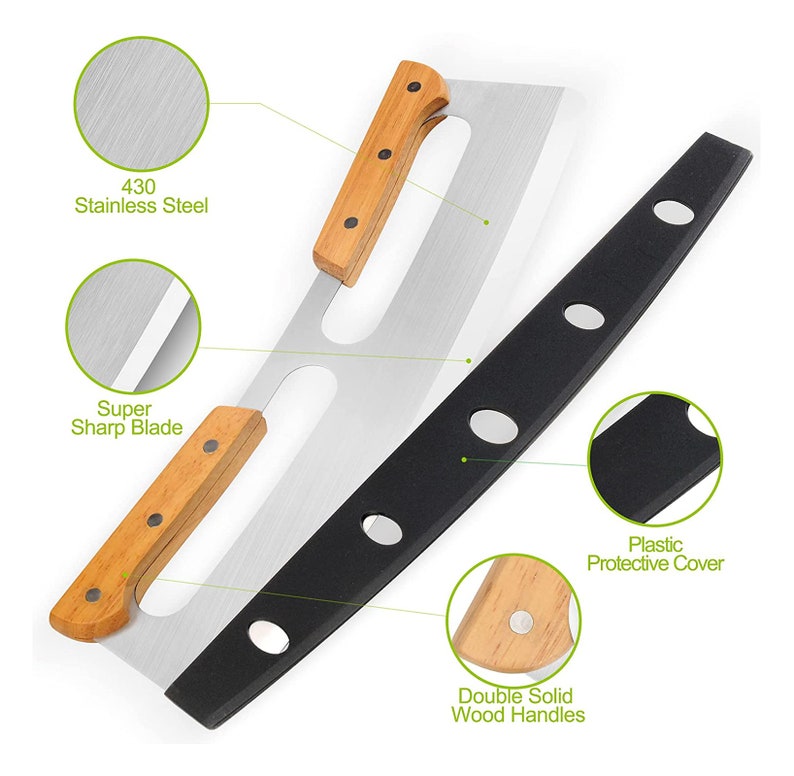 Stainless Steel Pizza Rocker Cutter with Wooden Handles & Protective Blade Cover