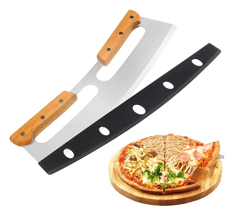 Stainless Steel Pizza Rocker Cutter with Wooden Handles & Protective Blade Cover