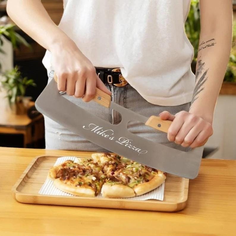 Stainless Steel Pizza Rocker Cutter with Wooden Handles & Protective Blade Cover