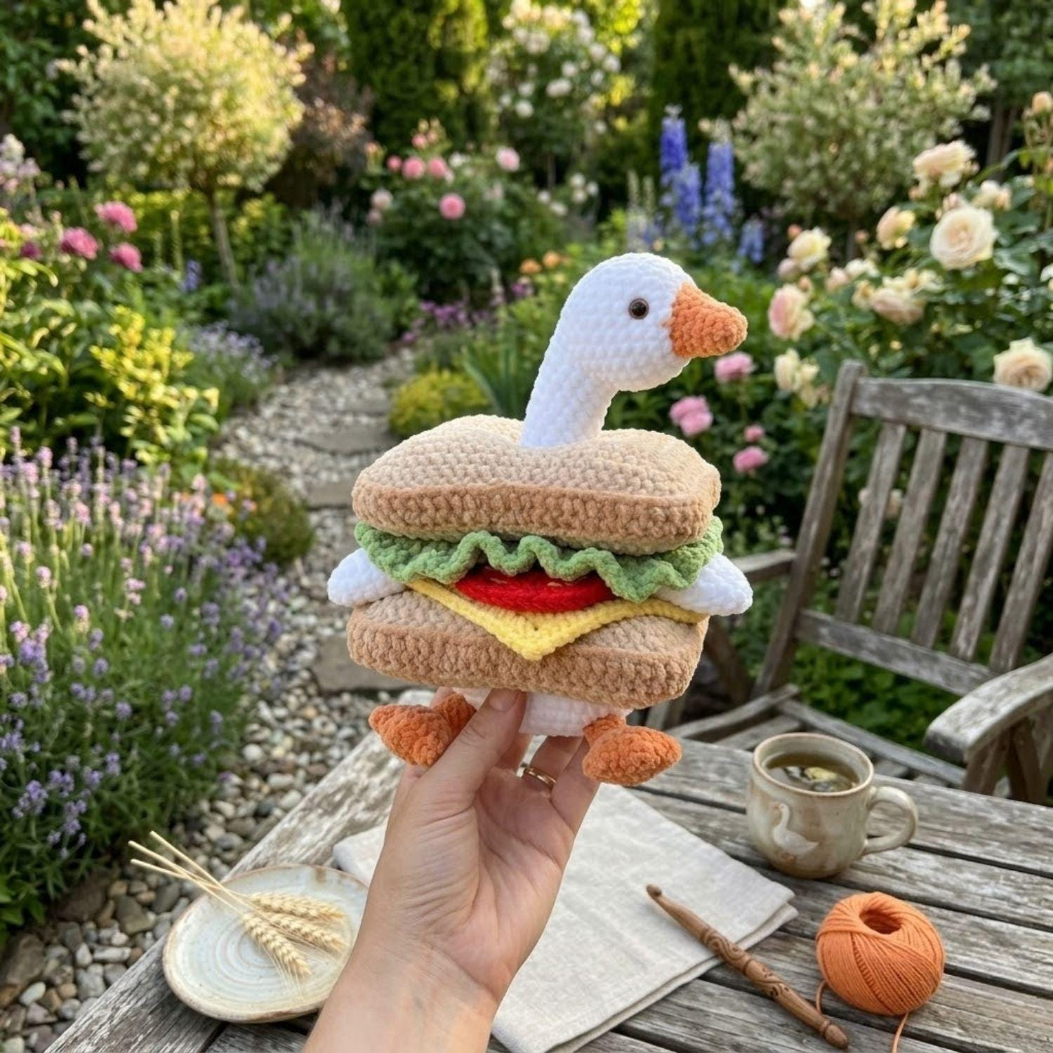 Reversible Crochet Duck Sandwich Fidget Toy, Handmade Amigurumi Stress Relief Plush, Cute Knitted Goose Anxiety Toy for Kids Adults