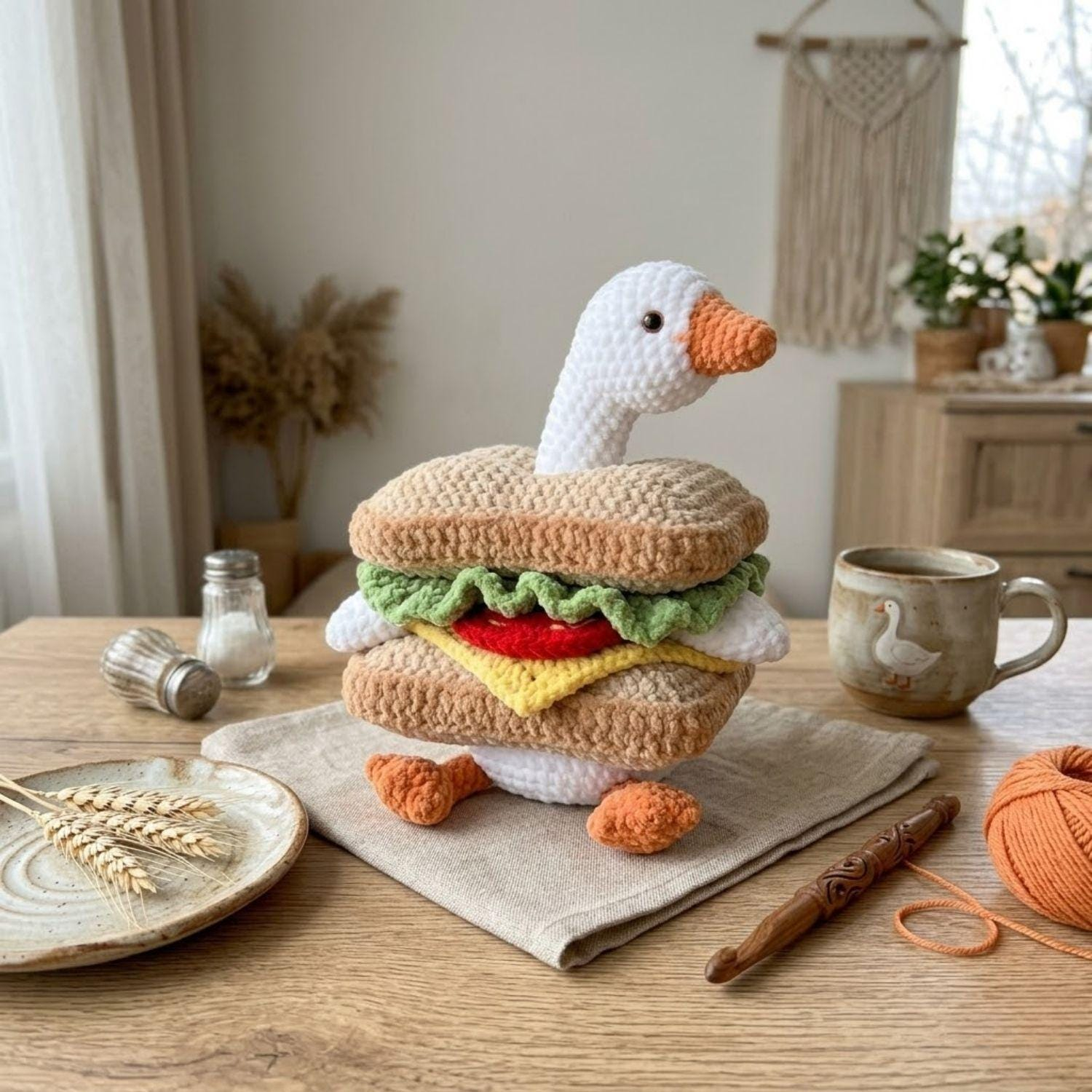 Reversible Crochet Duck Sandwich Fidget Toy, Handmade Amigurumi Stress Relief Plush, Cute Knitted Goose Anxiety Toy for Kids Adults