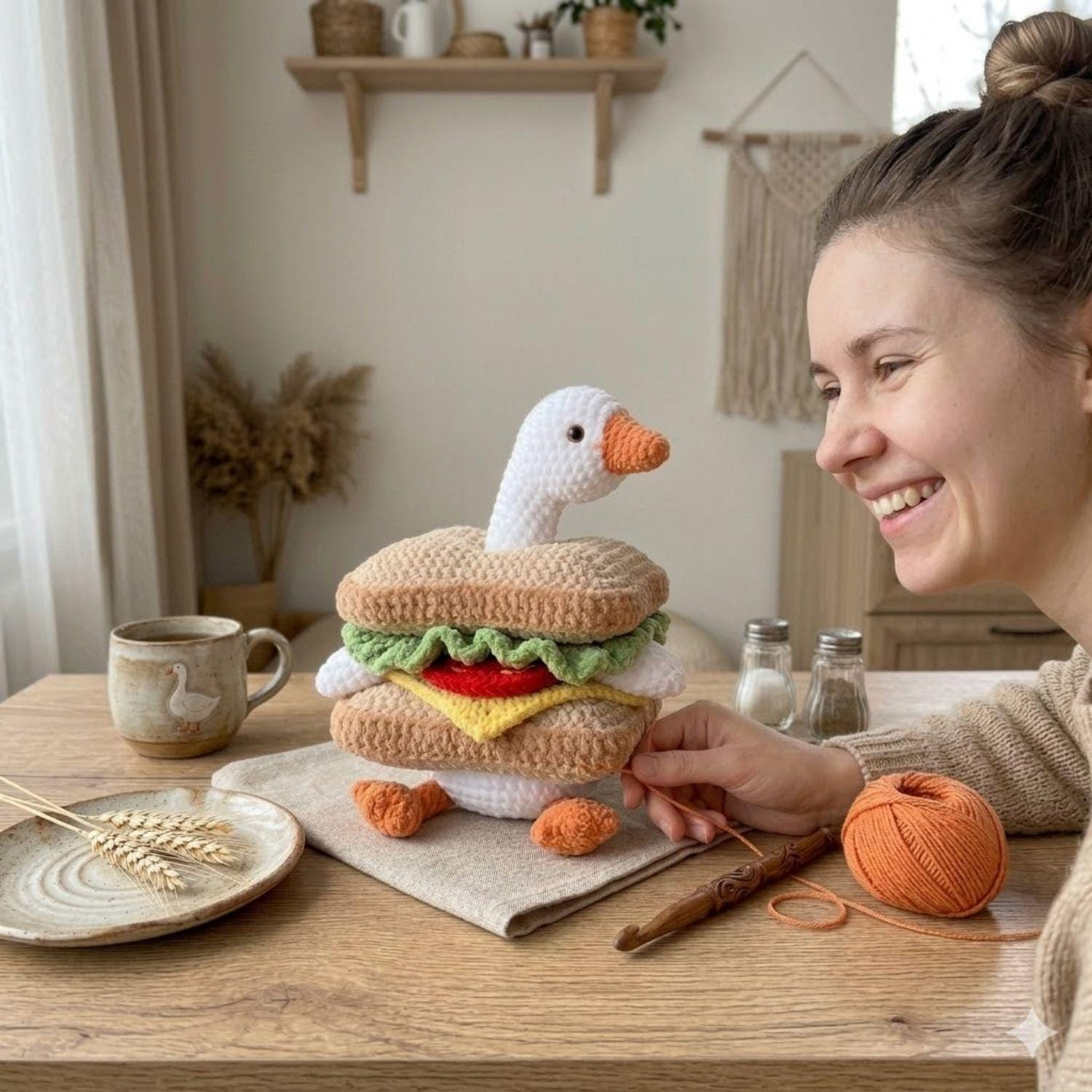 Reversible Crochet Duck Sandwich Fidget Toy, Handmade Amigurumi Stress Relief Plush, Cute Knitted Goose Anxiety Toy for Kids Adults