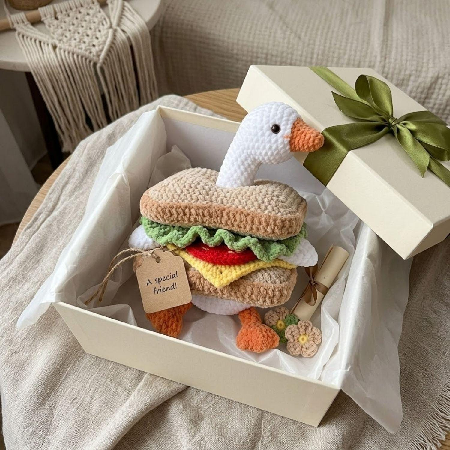 Reversible Crochet Duck Sandwich Fidget Toy, Handmade Amigurumi Stress Relief Plush, Cute Knitted Goose Anxiety Toy for Kids Adults