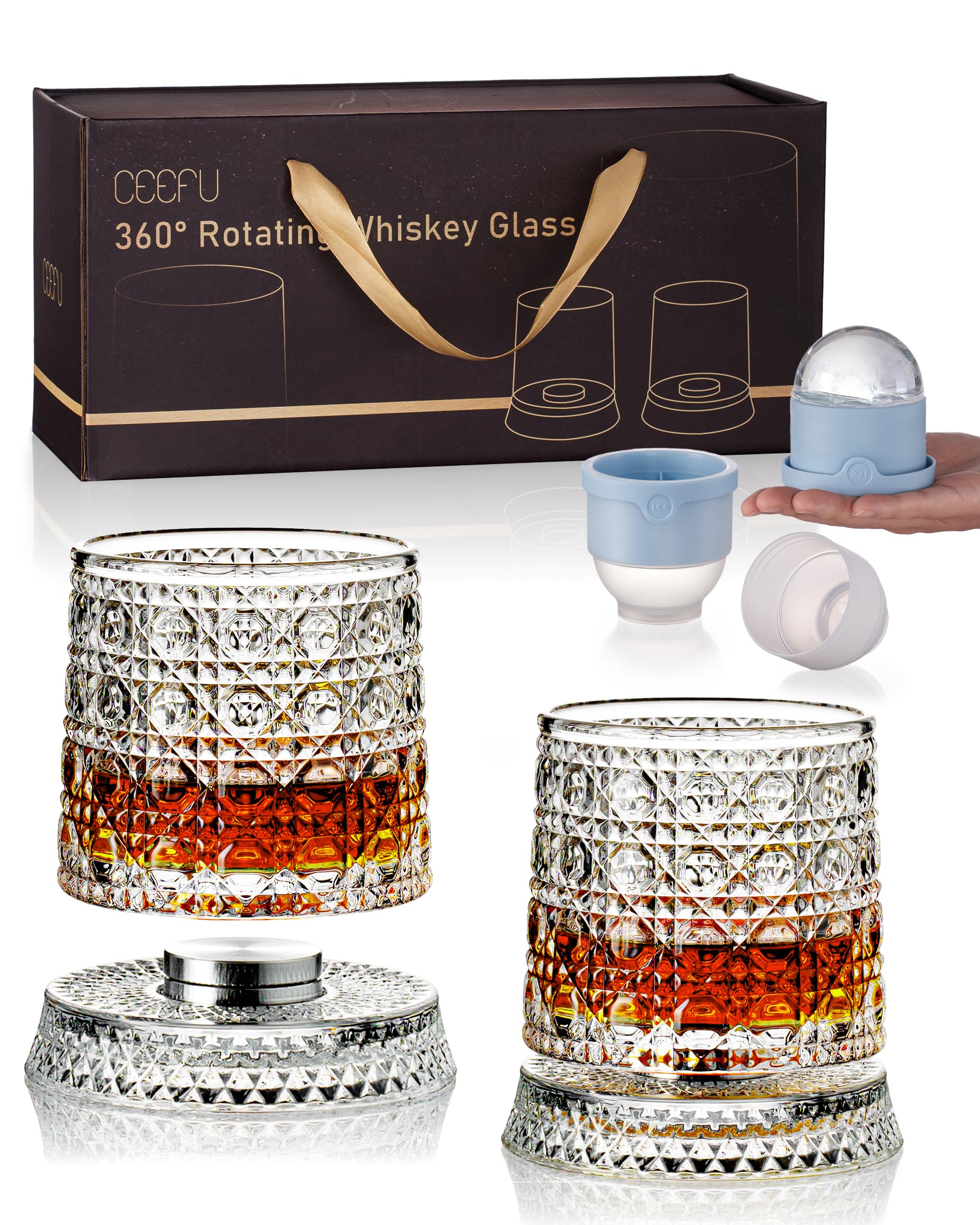 Short：Rotating Diamond Whiskey Glass Set with Ice Ball Molds, 2 Pack Gift Box