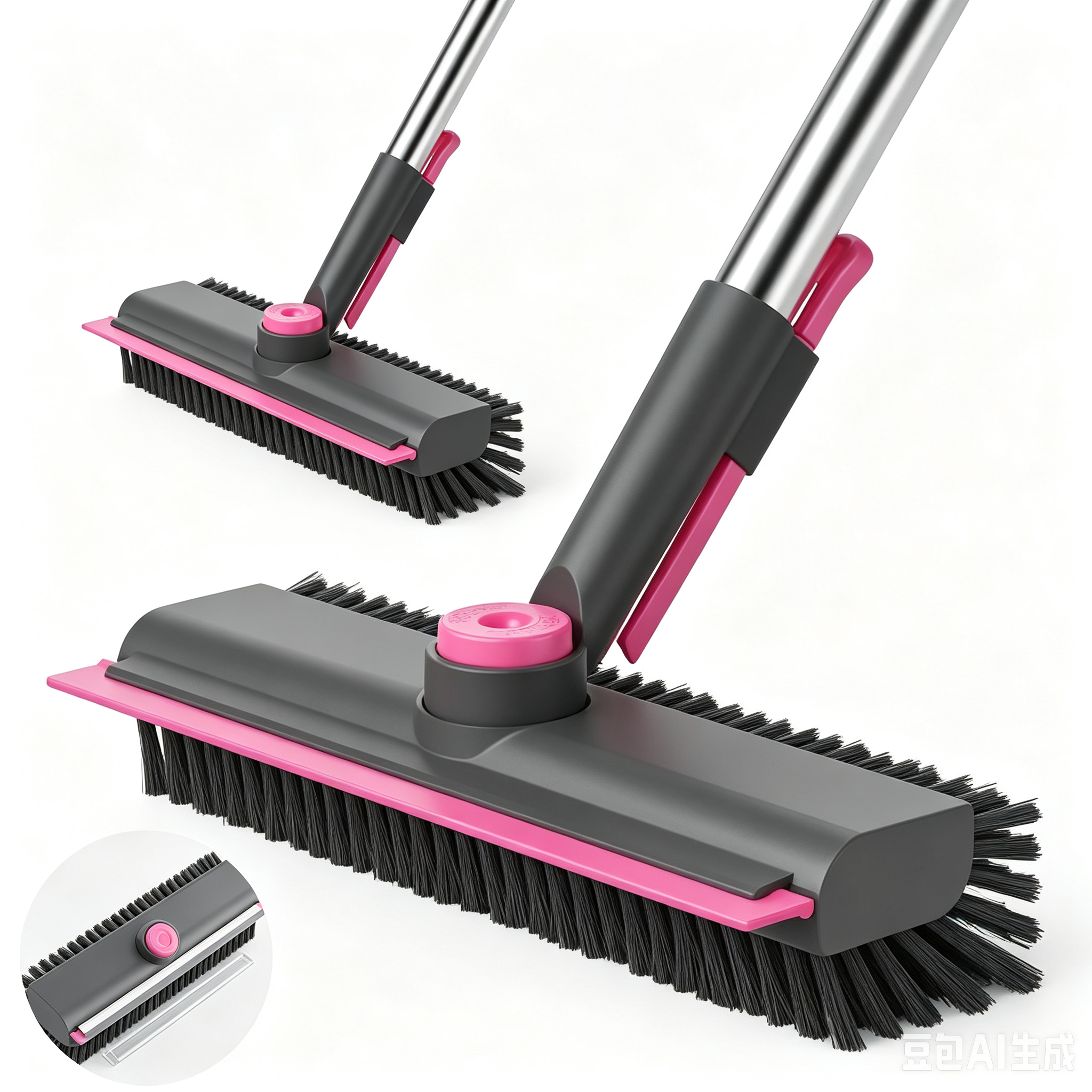 2 in 1 Floor Scrub Brush with Squeegee, Rotatable Stiff Bristle Cleaning Brush