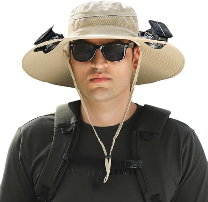 Solar Fan Sun Hat, UPF 50+ Wide Brim Cooling Hat with 2 Solar/USB Powered Fans, Black Bucket Hat for Fishing Hiking Camping