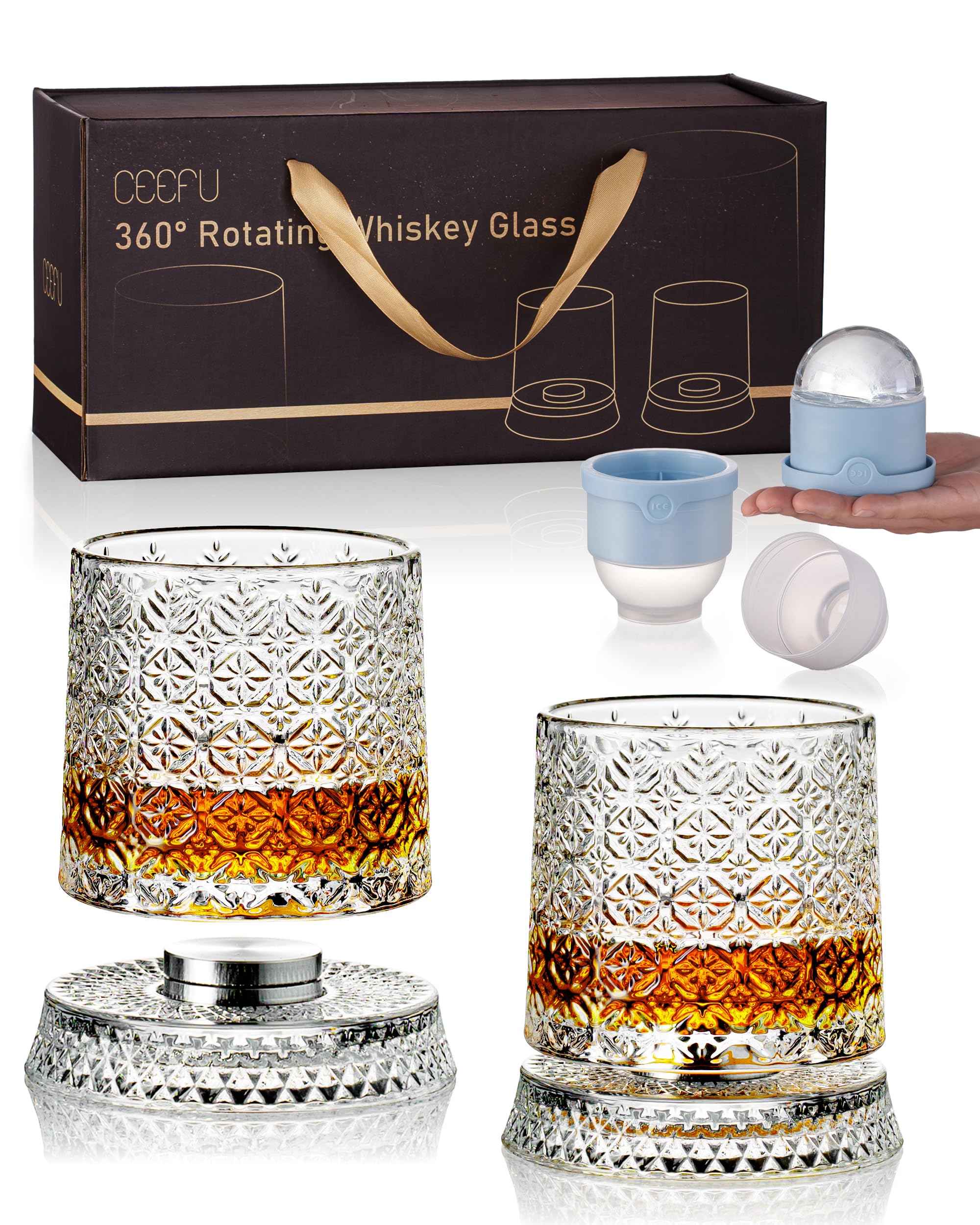 Short：Rotating Diamond Whiskey Glass Set with Ice Ball Molds, 2 Pack Gift Box