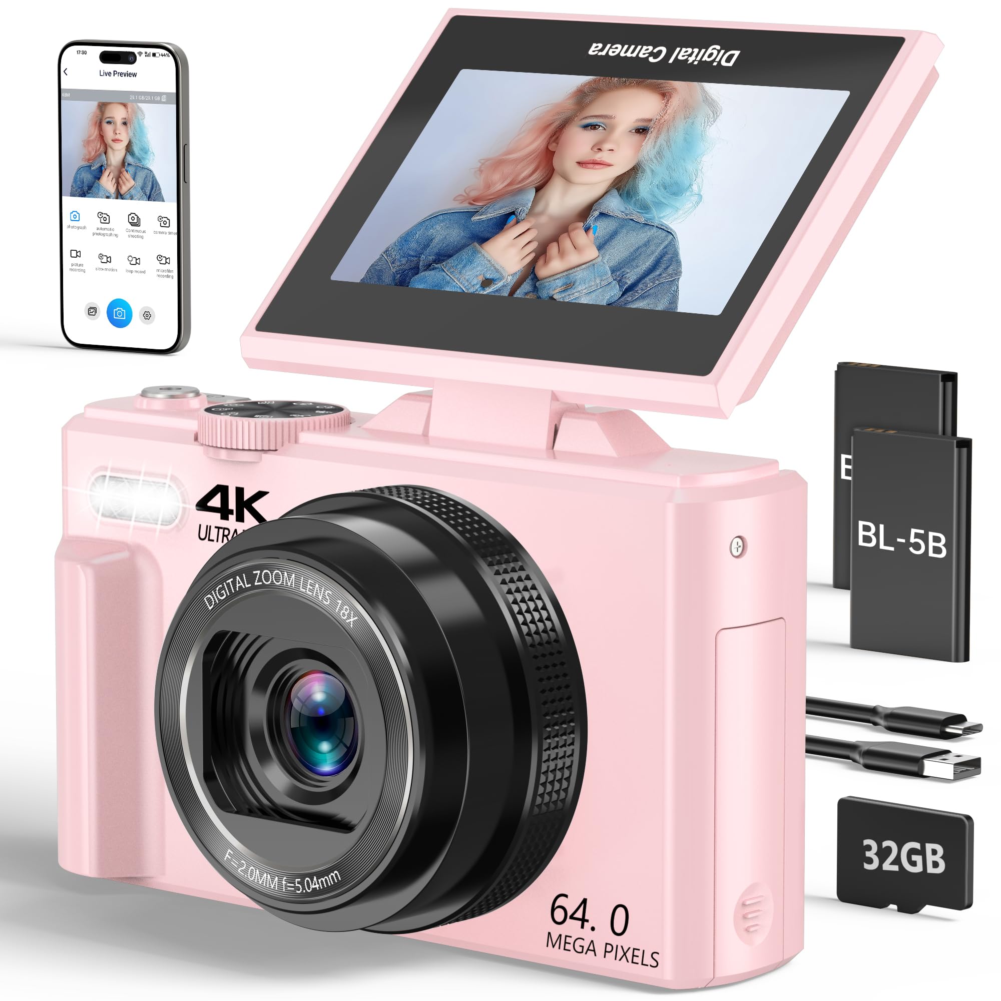 4K Digital Camera, 64MP Flip Screen Vlogging Camera