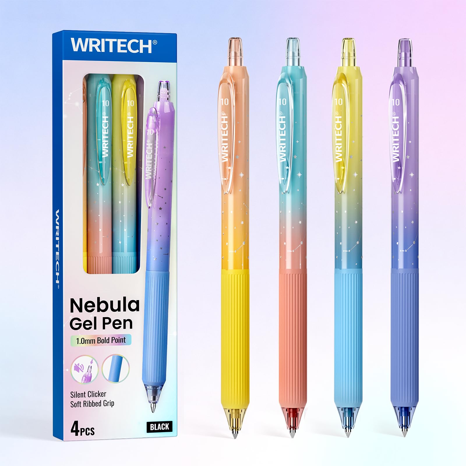 WRITECH Nebula Gradient Retractable Gel Pens 6 Pack, 0.7mm Black Ink Silent Click Cute Aesthetic Journal Pens