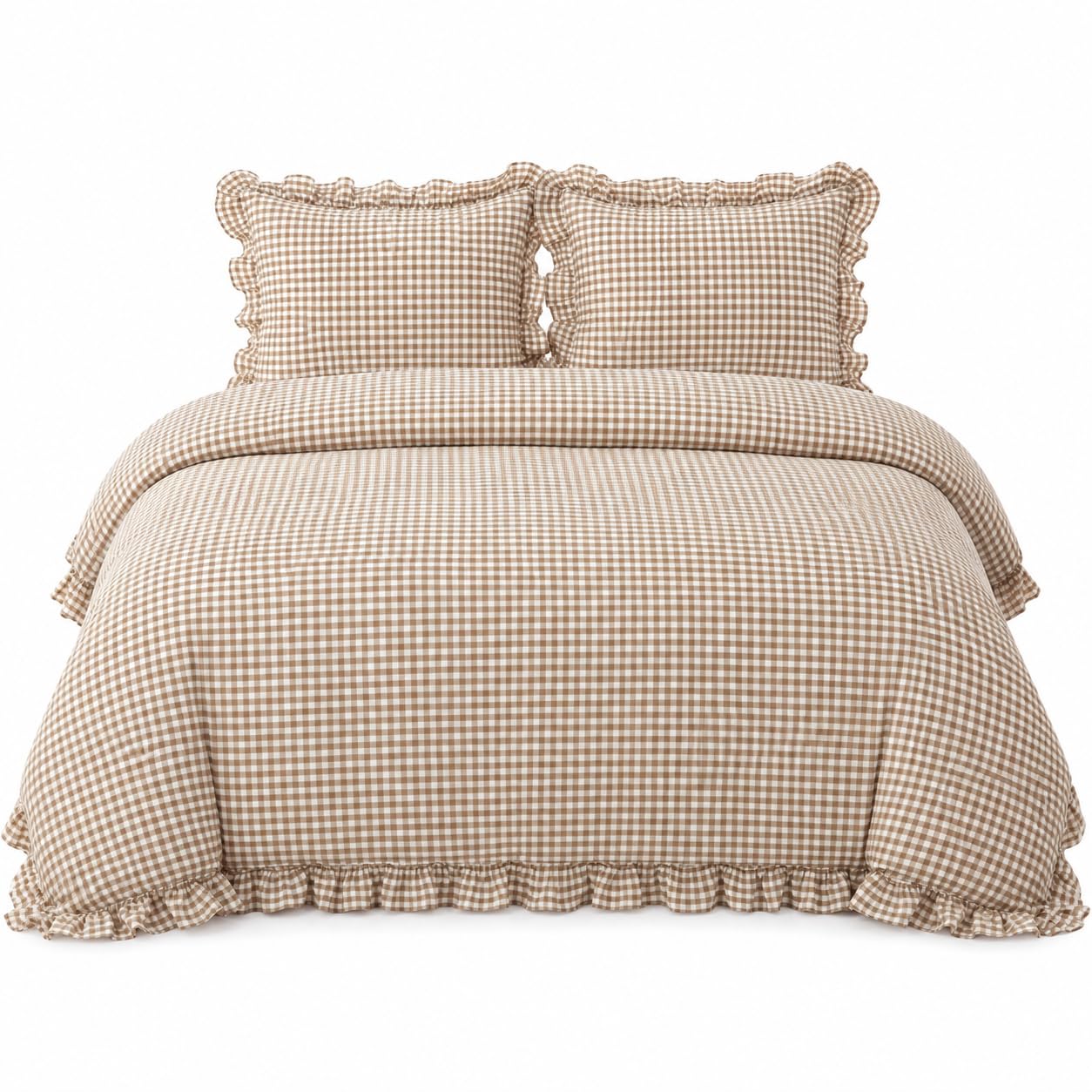 Ruffle Plaid Duvet Cover Set, Soft Washed Cotton Bedding Set with Pillowcases