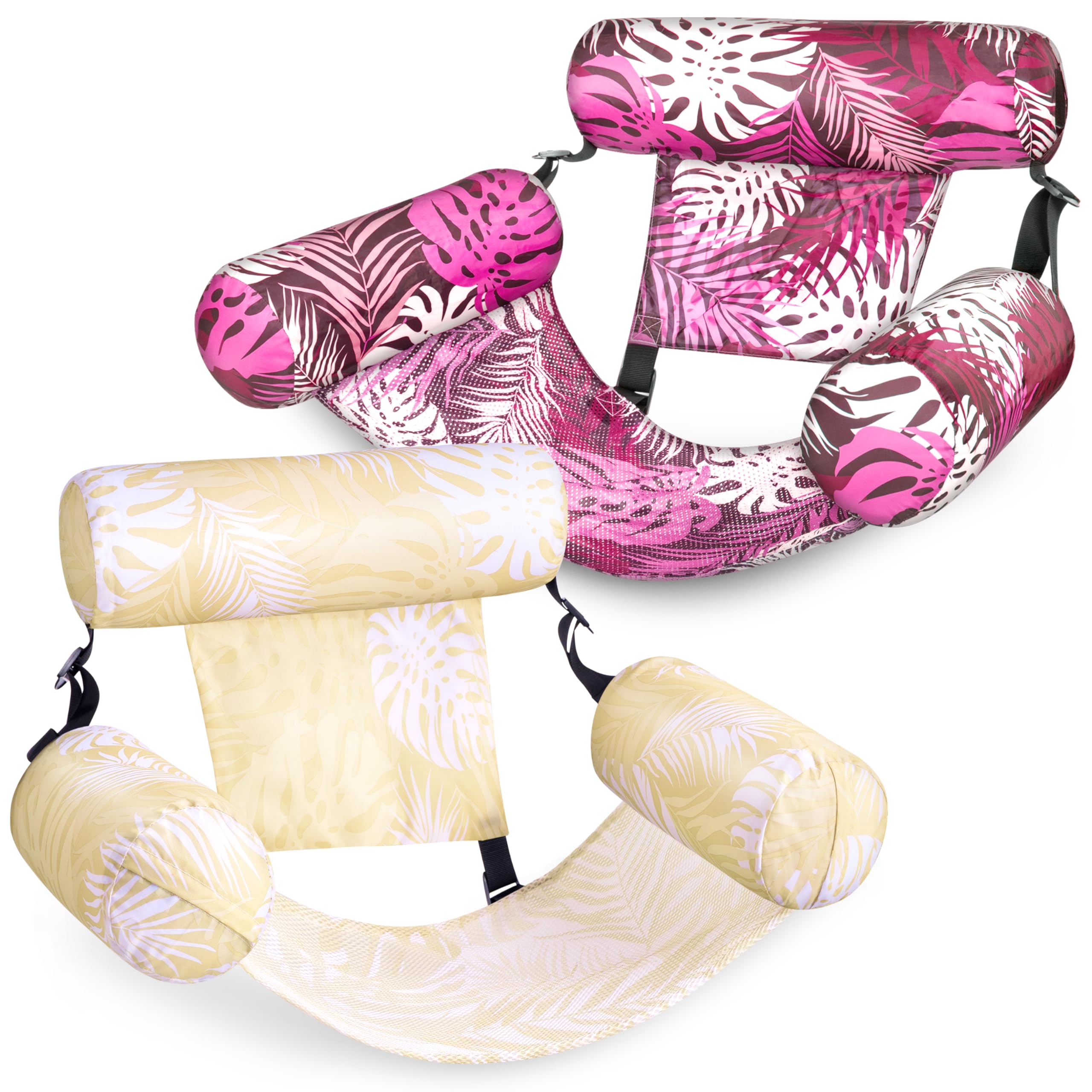 2 Pack Tropical Print Pool Float Hammock, Adult Inflatable Floating Lounge Chair with Headrest for Pool Lake Beach