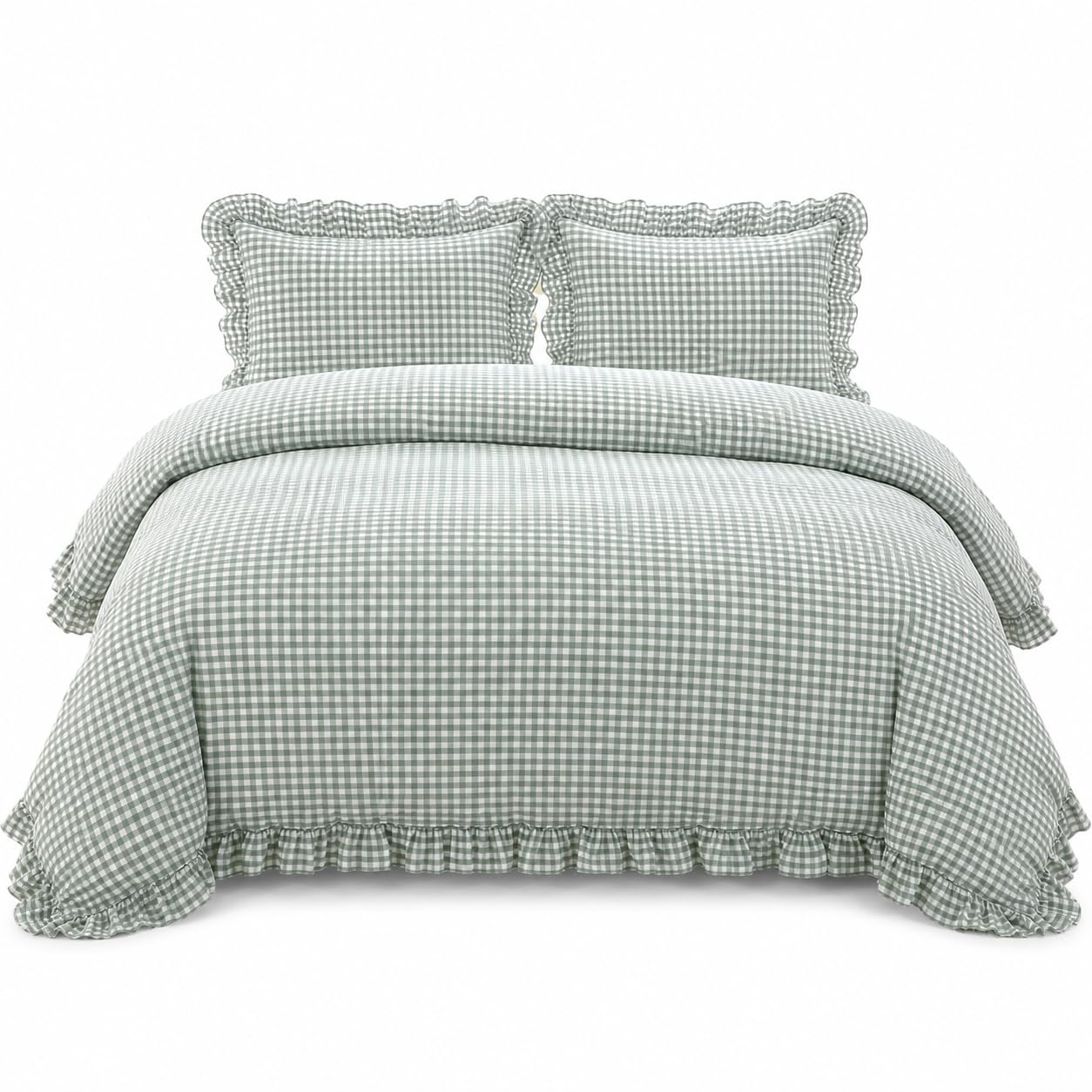 Ruffle Plaid Duvet Cover Set, Soft Washed Cotton Bedding Set with Pillowcases