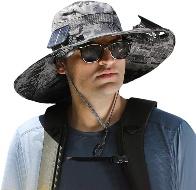 Solar Fan Sun Hat, UPF 50+ Wide Brim Cooling Hat with 2 Solar/USB Powered Fans, Black Bucket Hat for Fishing Hiking Camping