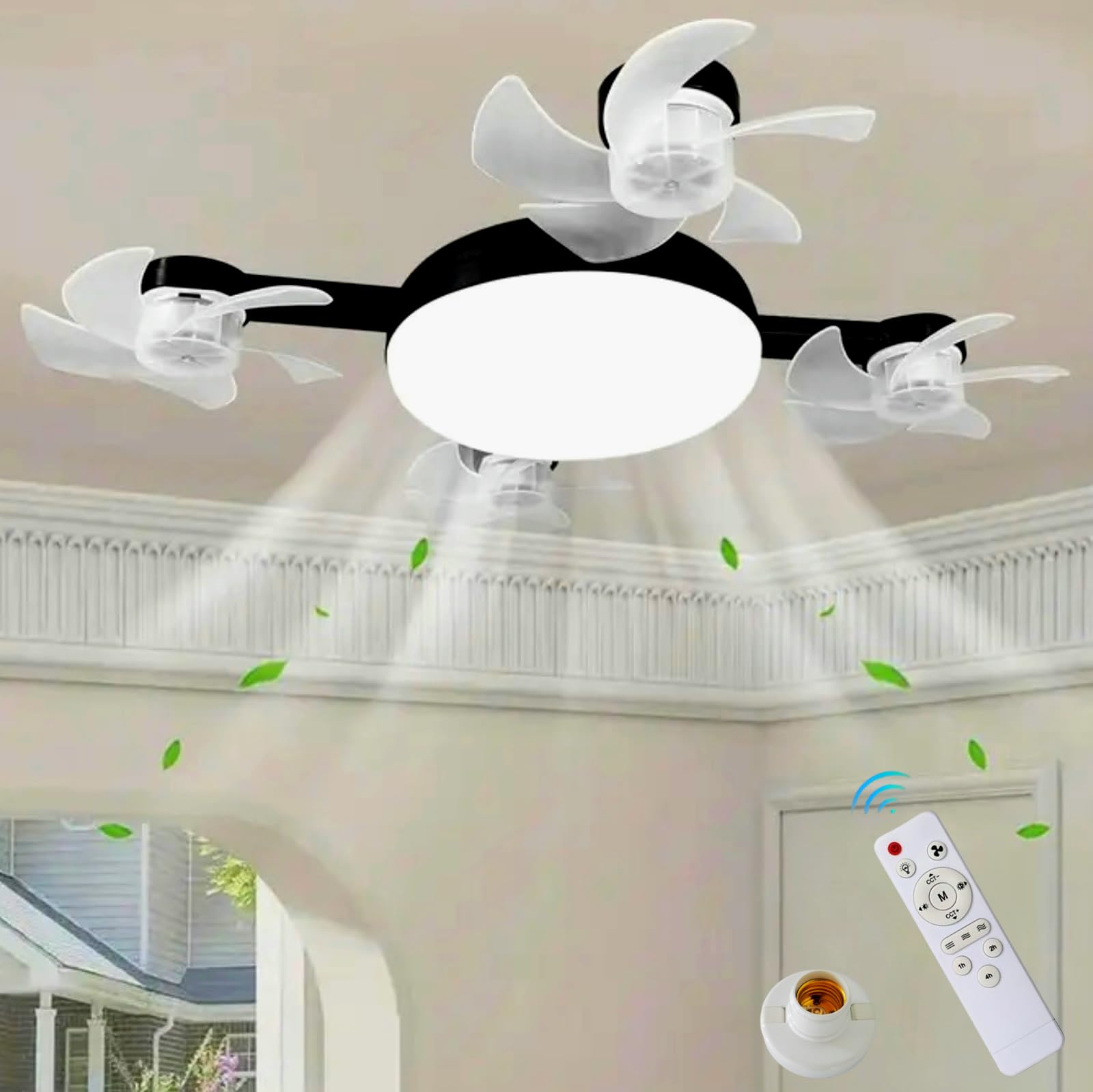 4 Heads Drone Socket Fan Light, E26/E27 Screw in Ceiling Fan with Remote, Dimmable LED Quiet Multi-Directional Fan Lamp for Bedroom Garage