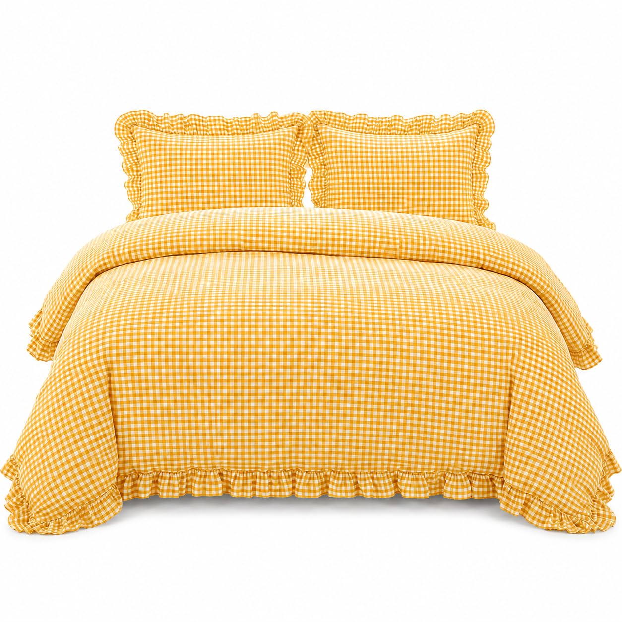 Ruffle Plaid Duvet Cover Set, Soft Washed Cotton Bedding Set with Pillowcases