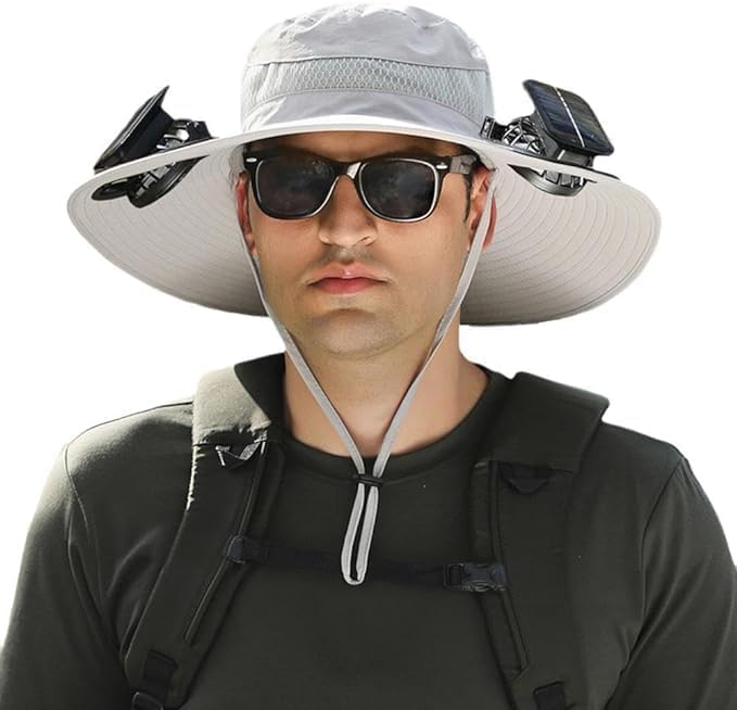 Solar Fan Sun Hat, UPF 50+ Wide Brim Cooling Hat with 2 Solar/USB Powered Fans, Black Bucket Hat for Fishing Hiking Camping