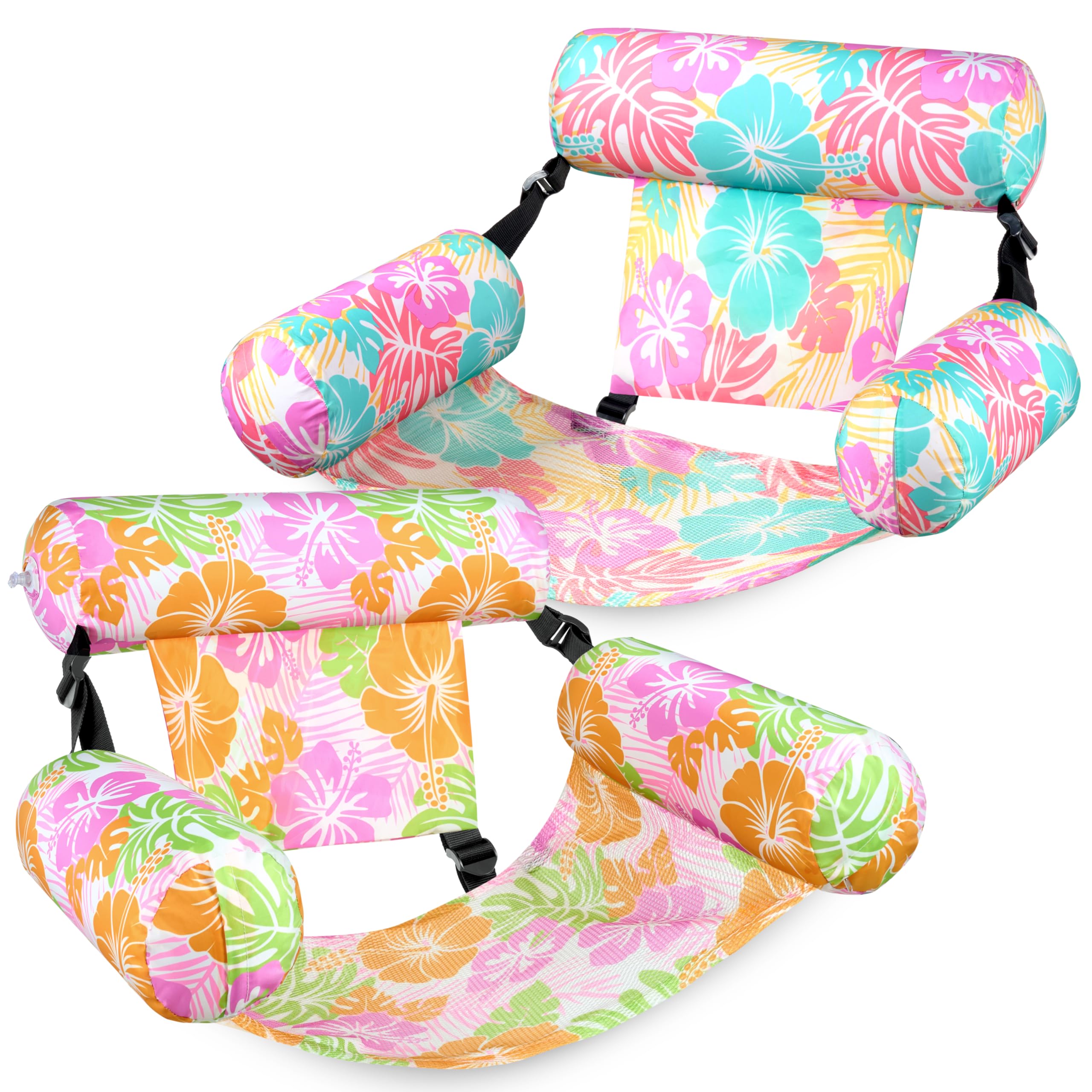2 Pack Tropical Print Pool Float Hammock, Adult Inflatable Floating Lounge Chair with Headrest for Pool Lake Beach