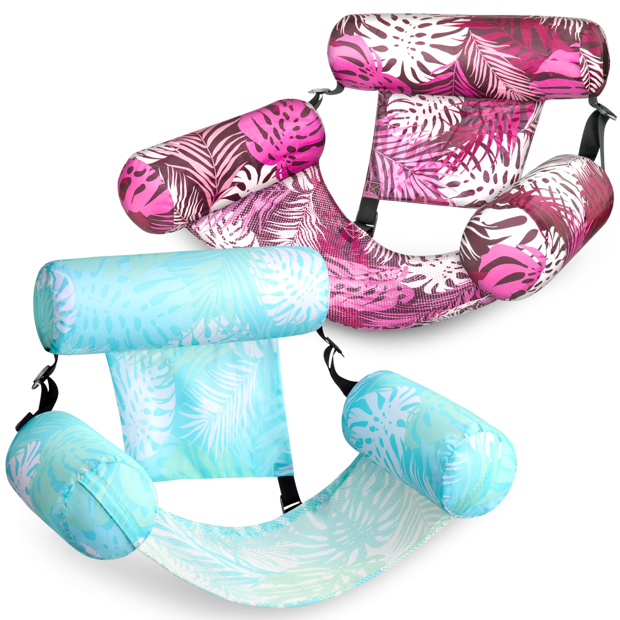 2 Pack Tropical Print Pool Float Hammock, Adult Inflatable Floating Lounge Chair with Headrest for Pool Lake Beach