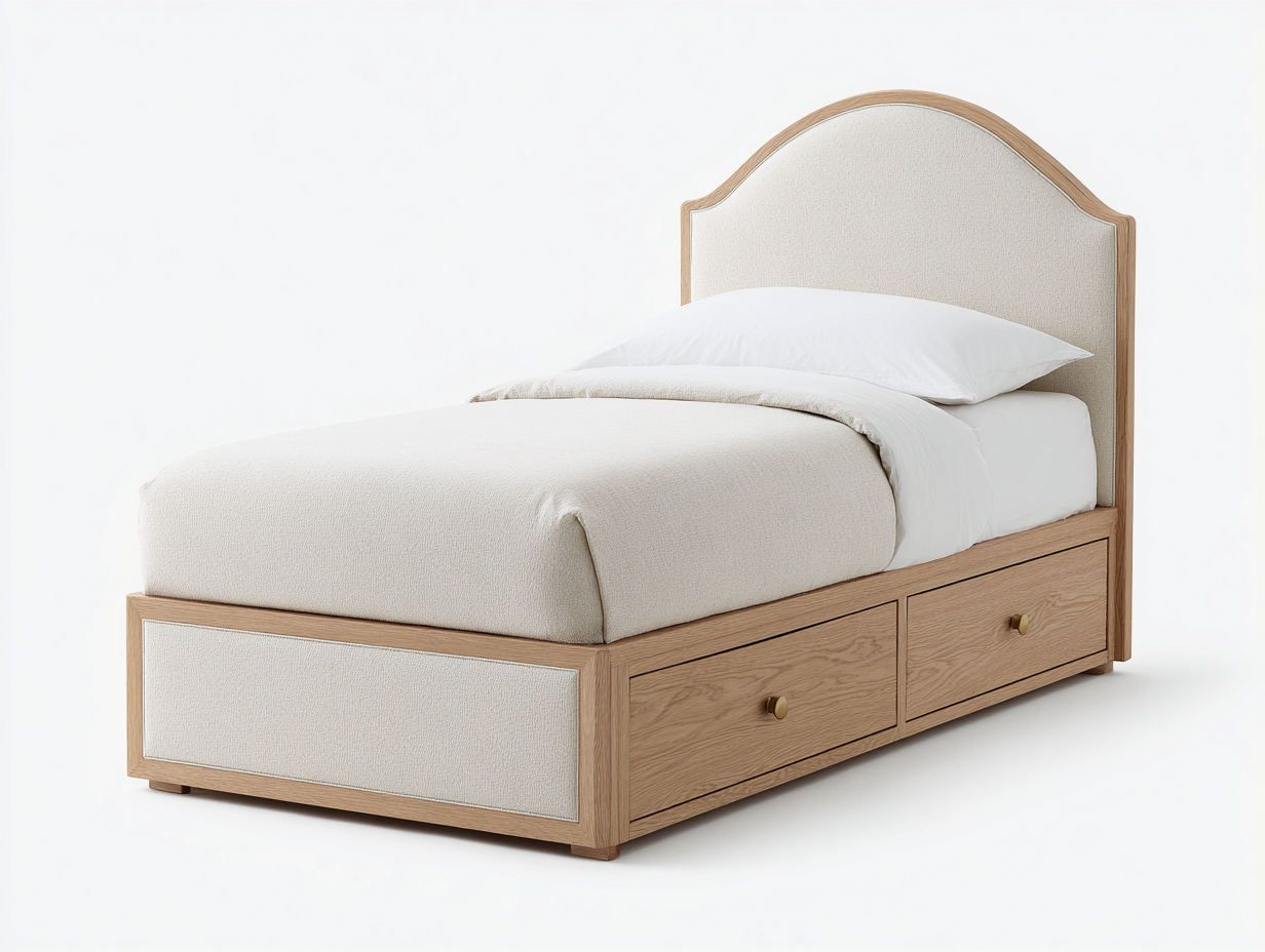 Letto singolo con cassetti in legno e tessuto 200x100x110 cm - beige-marrone - design moderno per camera da letto-Raviaihaven