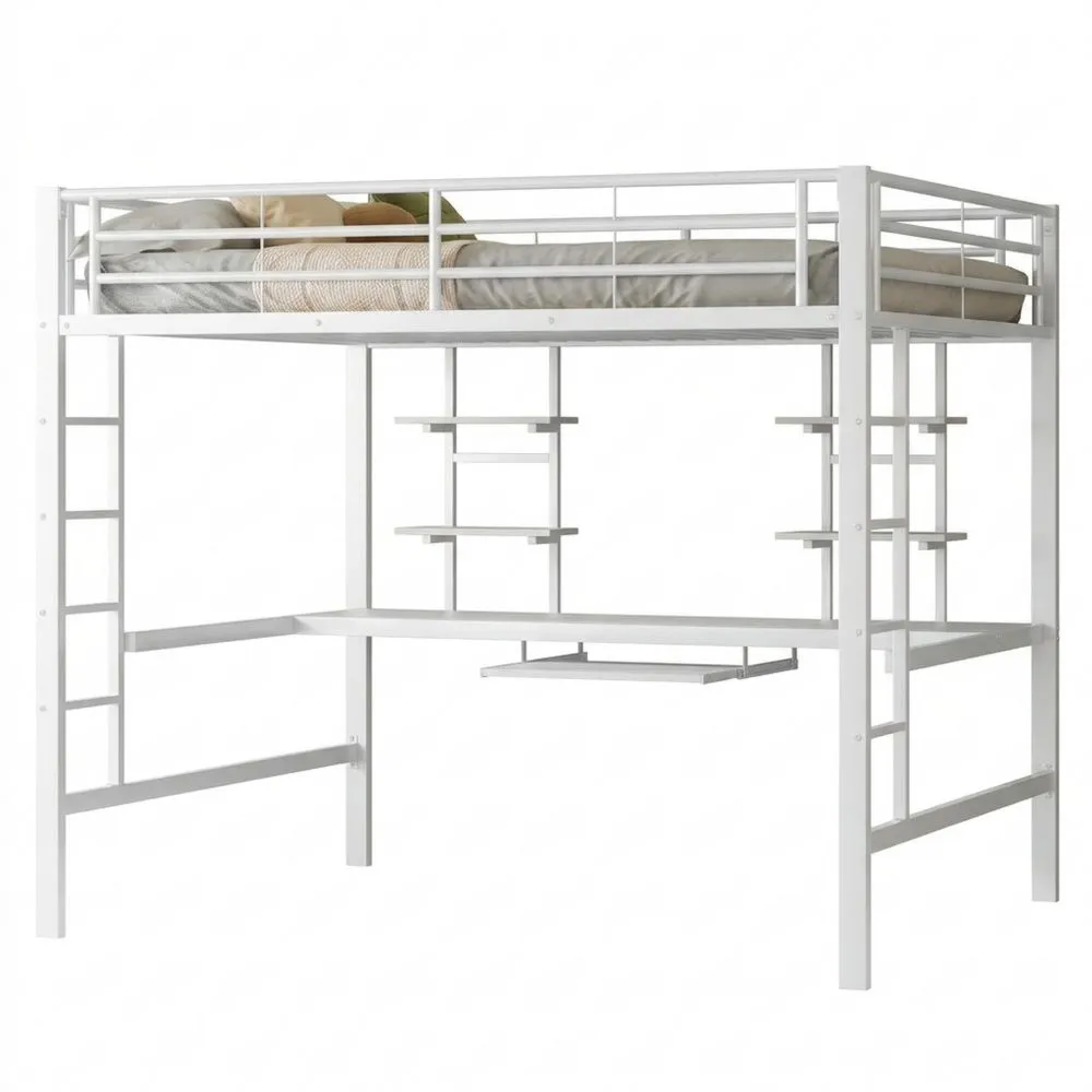 Hochbett 140x200 cm mit Schreibtisch und Regalen, Kinderbett mit Rausfallschutz, Etagenbett Metallrahmen mit Leiter, Weiß, ohne Matratze-Lutrivora