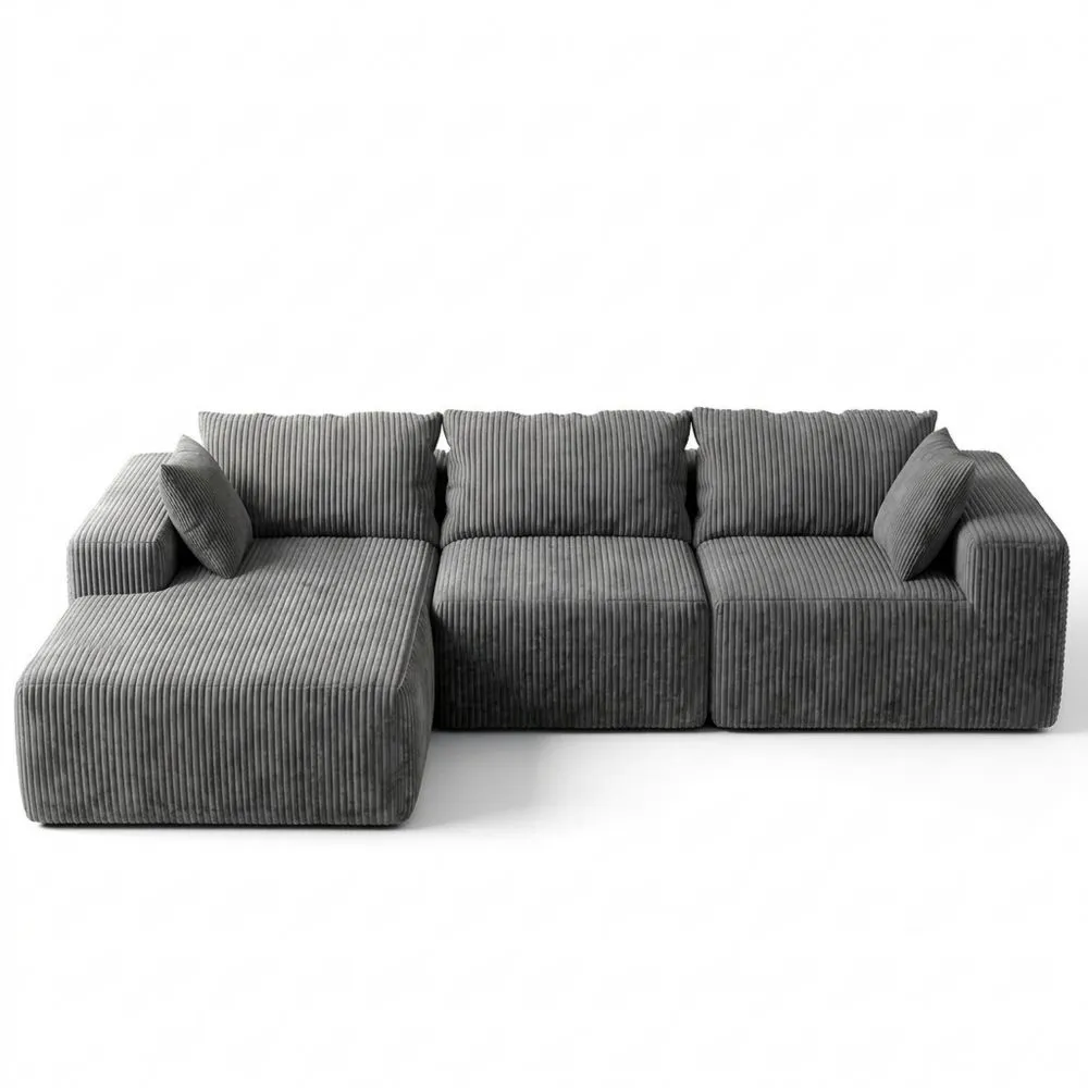 Ecksofa in L-Form aus Cord mit tiefem Sitzkomfort und schaumstoffgepolsterter Fläche, montageloses Design, Grau-Lutrivora