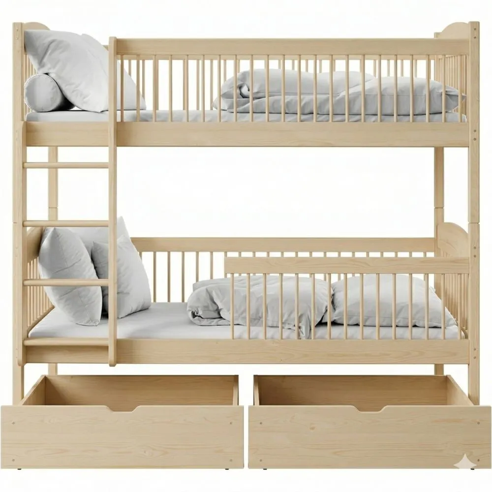 Robustes Kinder-Etagenbett aus massivem Kiefernholz mit Schubladen, sicher und funktional-Lutrivora