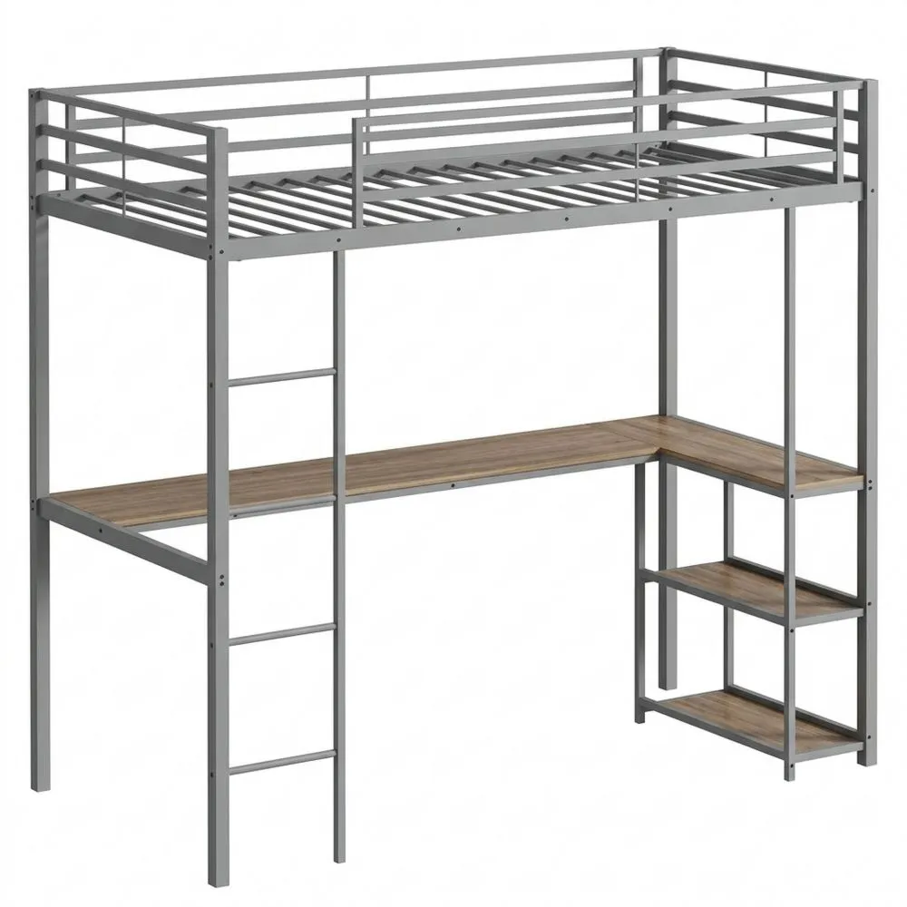 Metall-Etagenbett mit Schreibtisch und LED-Beleuchtung, 90x200cm, inklusive Ladestation und Ablagen, Sicherheitsgeländer und Leiter-Lutrivora