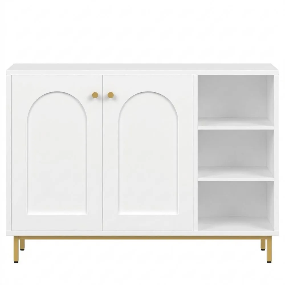 Moderner Schrank mit Türen und offenem Fach, verstellbare Ablage, weiß-gold, für Badezimmer oder Küche-Lutrivora