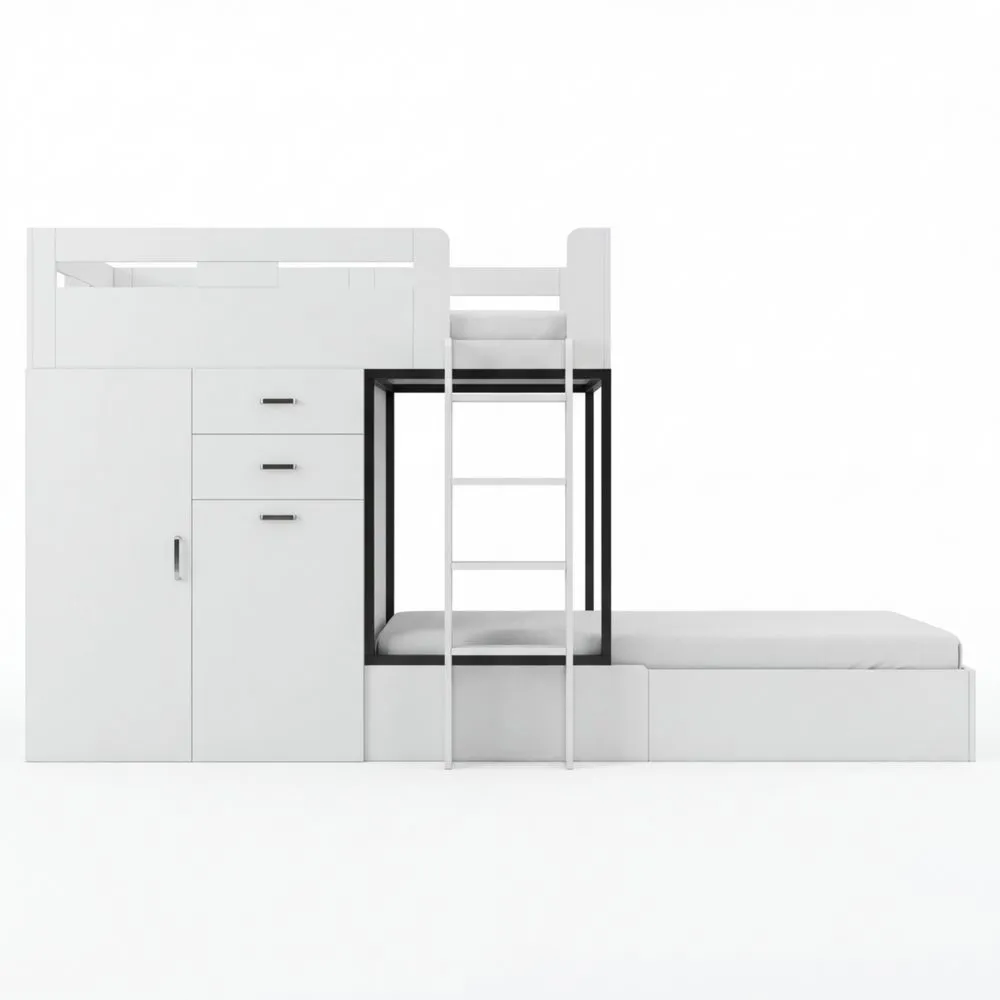 Etagenbett 90x200 cm mit Schreibtisch, Kleiderschrank und Stauraum, Kinderzimmermöbel-Lutrivora