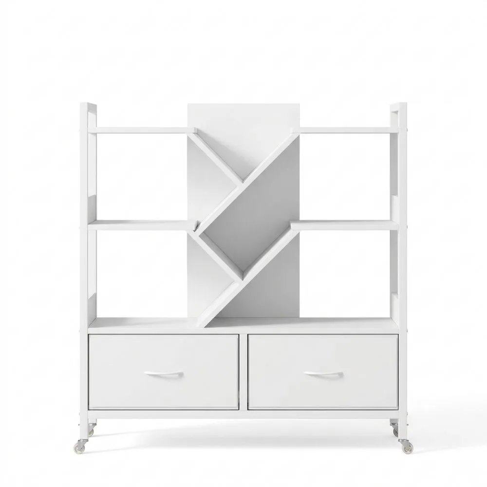 Baumförmiges Bücherregal mit 4 Ebenen und Rollschubladen