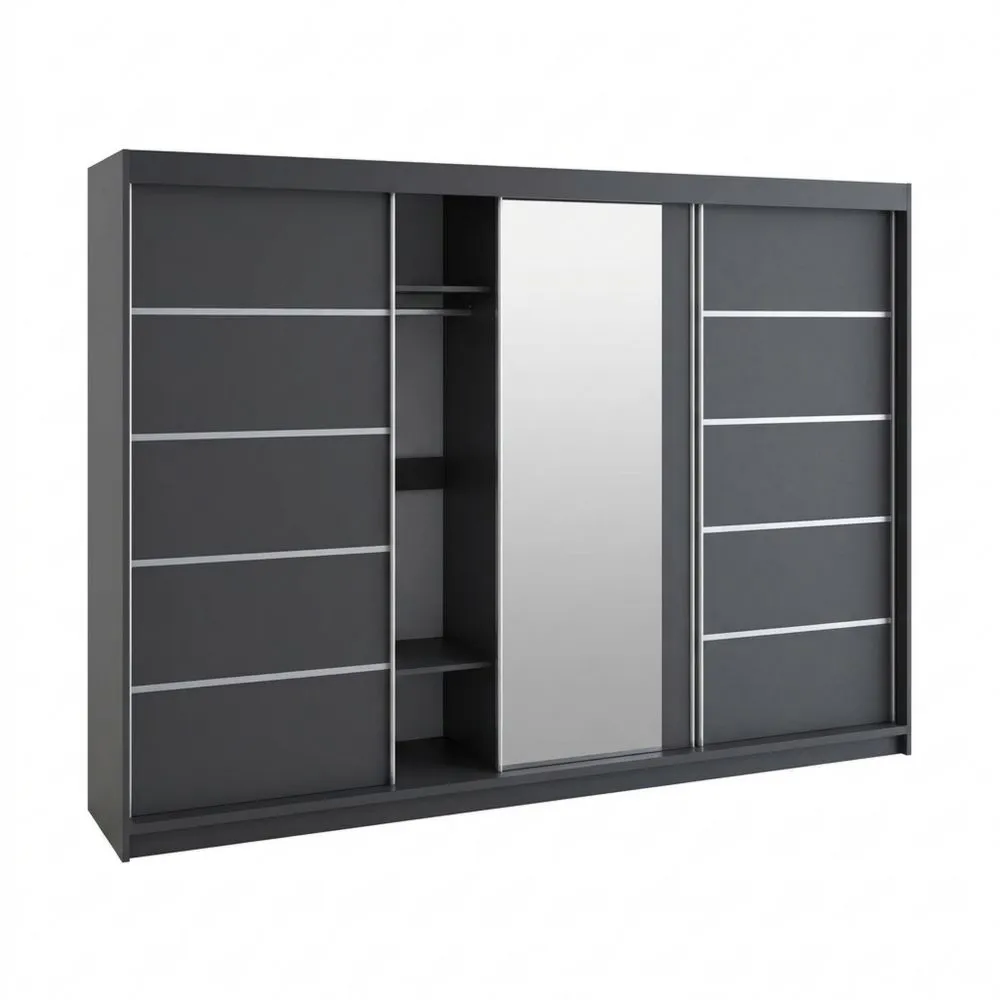 Schwebetürenschrank mit Spiegel, 3-türig, 200 cm, 4 Schubladen, 2 Kleiderstangen, Geräumiger Schlafzimmerschrank, Schwarz