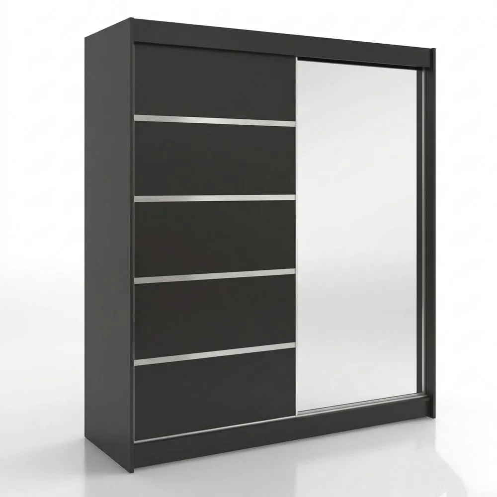 Schiebeschrank mit Spiegel, schwarz, 150x200x58 cm, für Schlafzimmer und Wohnzimmer