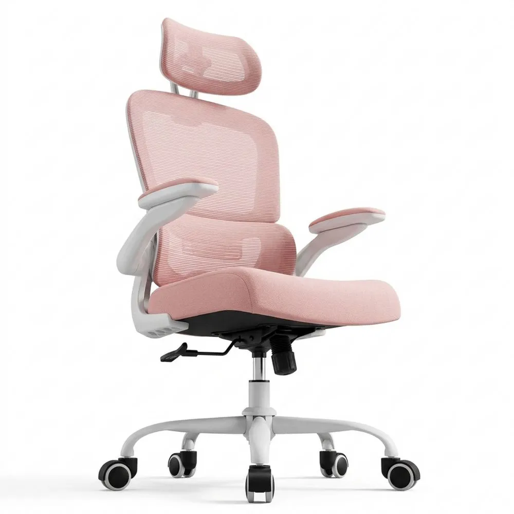 Ergonomischer Bürostuhl mit verstellbarer Lordosen- und Kopfstütze, geeignet für Home Office, belastbar bis 150kg, rosa