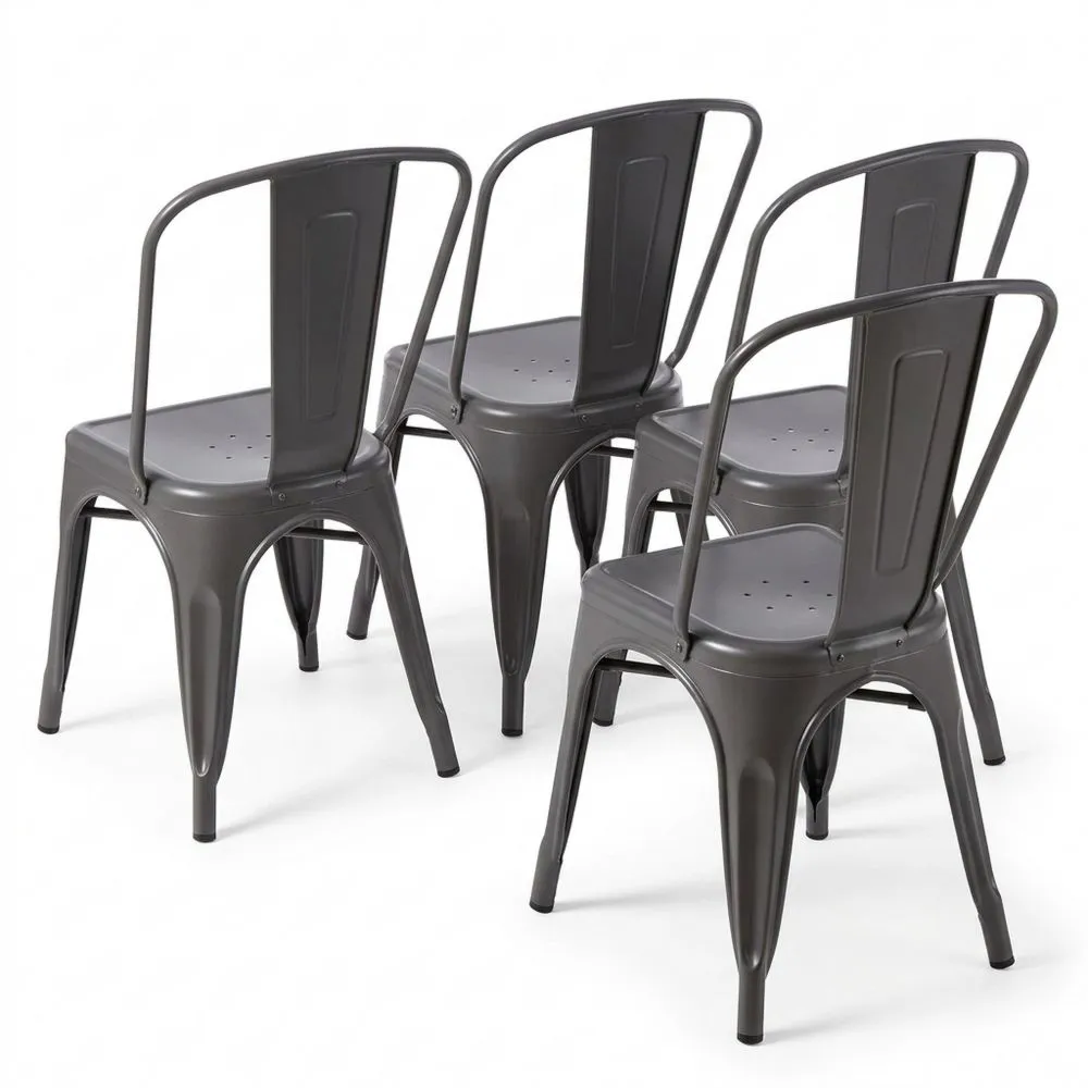 Metallstühle mit Rückenlehne, stapelbar für Innen- und Außenbereich, 4er-Set, Dunkelgrau