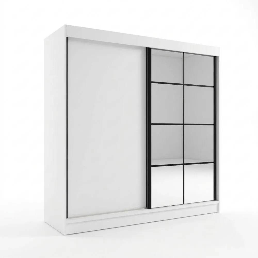 Moderner Schwebetürenschrank mit Spiegel und Schubladen, 200 cm Hochglanz Weiß
