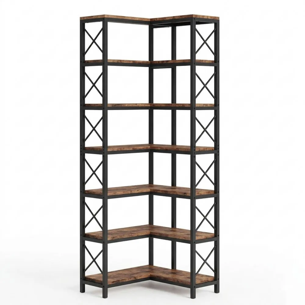 Industrielles Eckbücherregal mit 7 Ablagen für Wohnzimmer und Büro