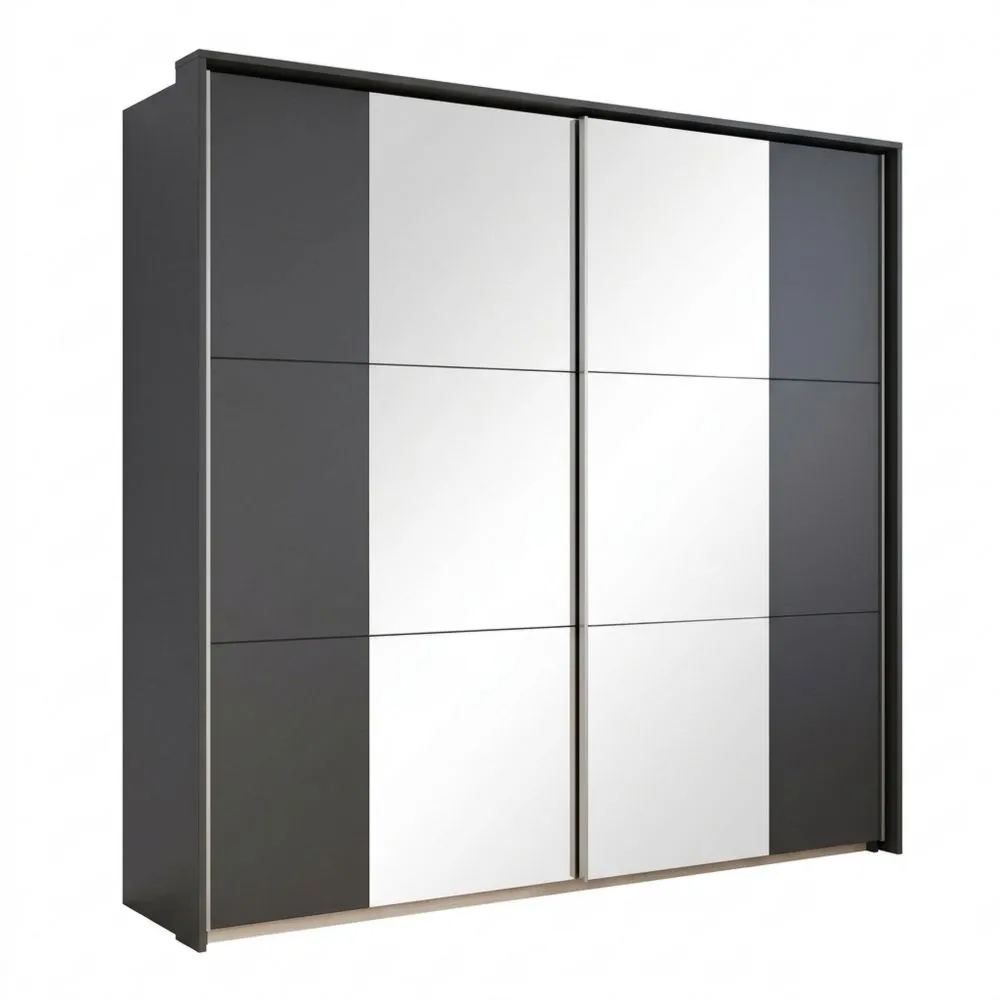 Moderner Schwebetürenschrank mit Spiegeln, 2-türig, Grau und Schwarz, inkl. Zubehör
