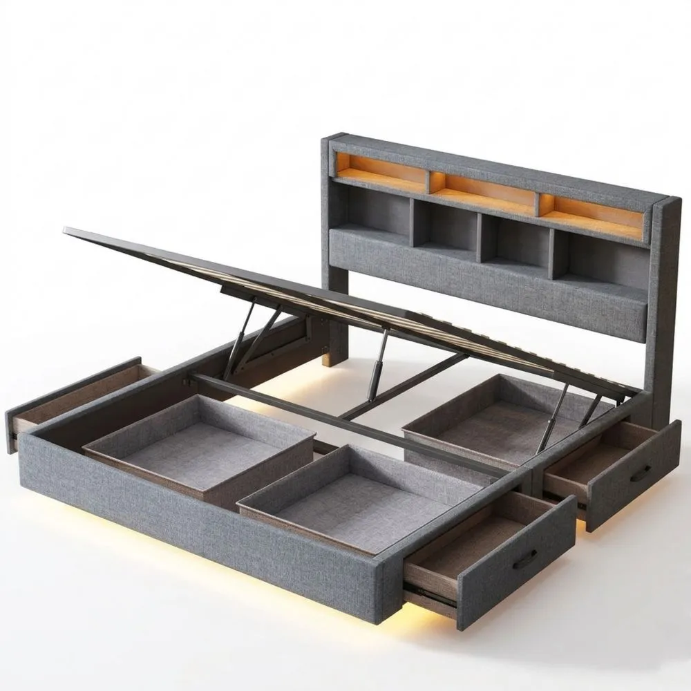 Modernes Doppelbett mit Stauraum und LED-Leuchten, 140x200 cm, Grau