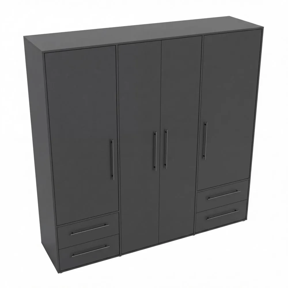 Großer Kleiderschrank mit Drehtüren und Schubladen, Schwarz Matt, 206 cm breit