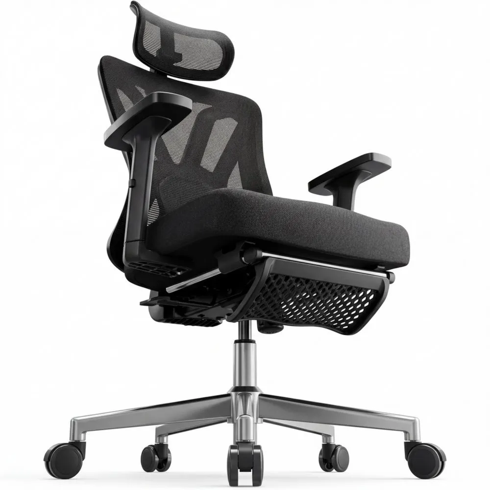 Ergonomischer Schreibtischstuhl mit einstellbarer Lordosenstütze und Fußstütze, atmungsaktiv