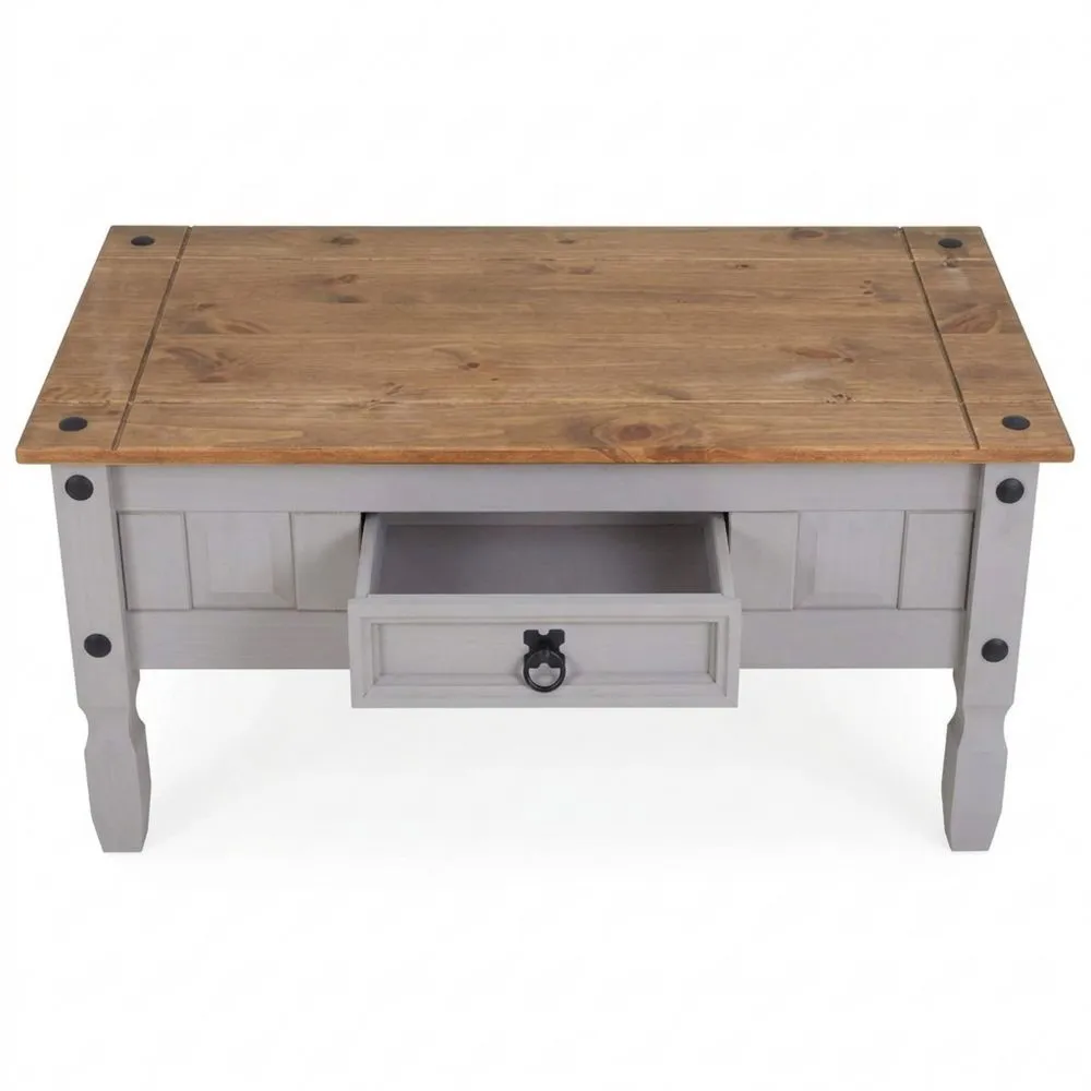 Mexiko-Stil Couchtisch aus massiver Kiefer mit Schublade, grau/braun