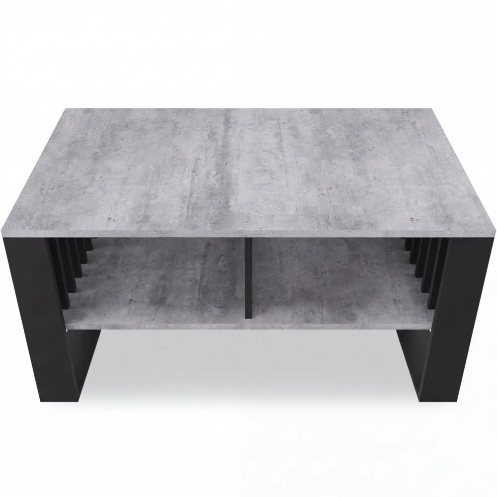 Moderner Couchtisch mit Stauraum und Lamellenelementen, Betonoptik, 90 x 50 x 50cm