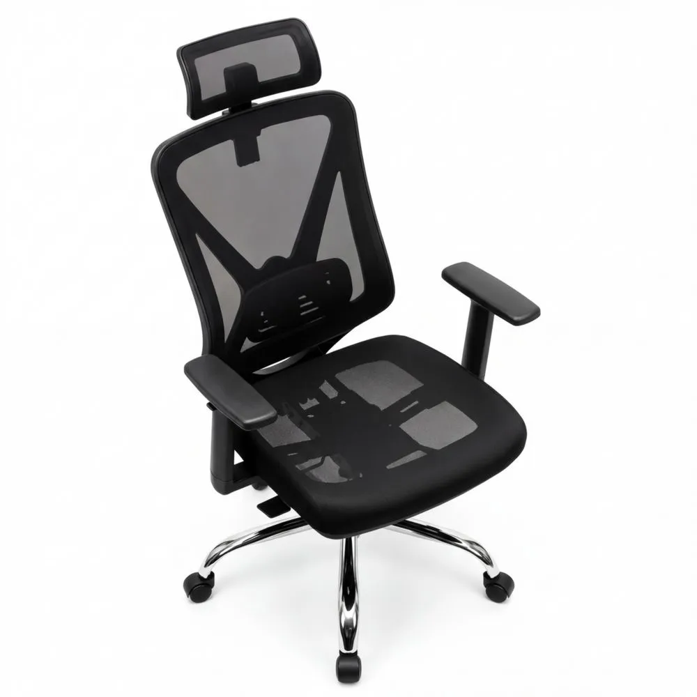 Ergonomischer Bürostuhl mit 3D-Kopf- und Lendenstütze, verstellbaren Armlehnen, Wipp- und Kippfunktion