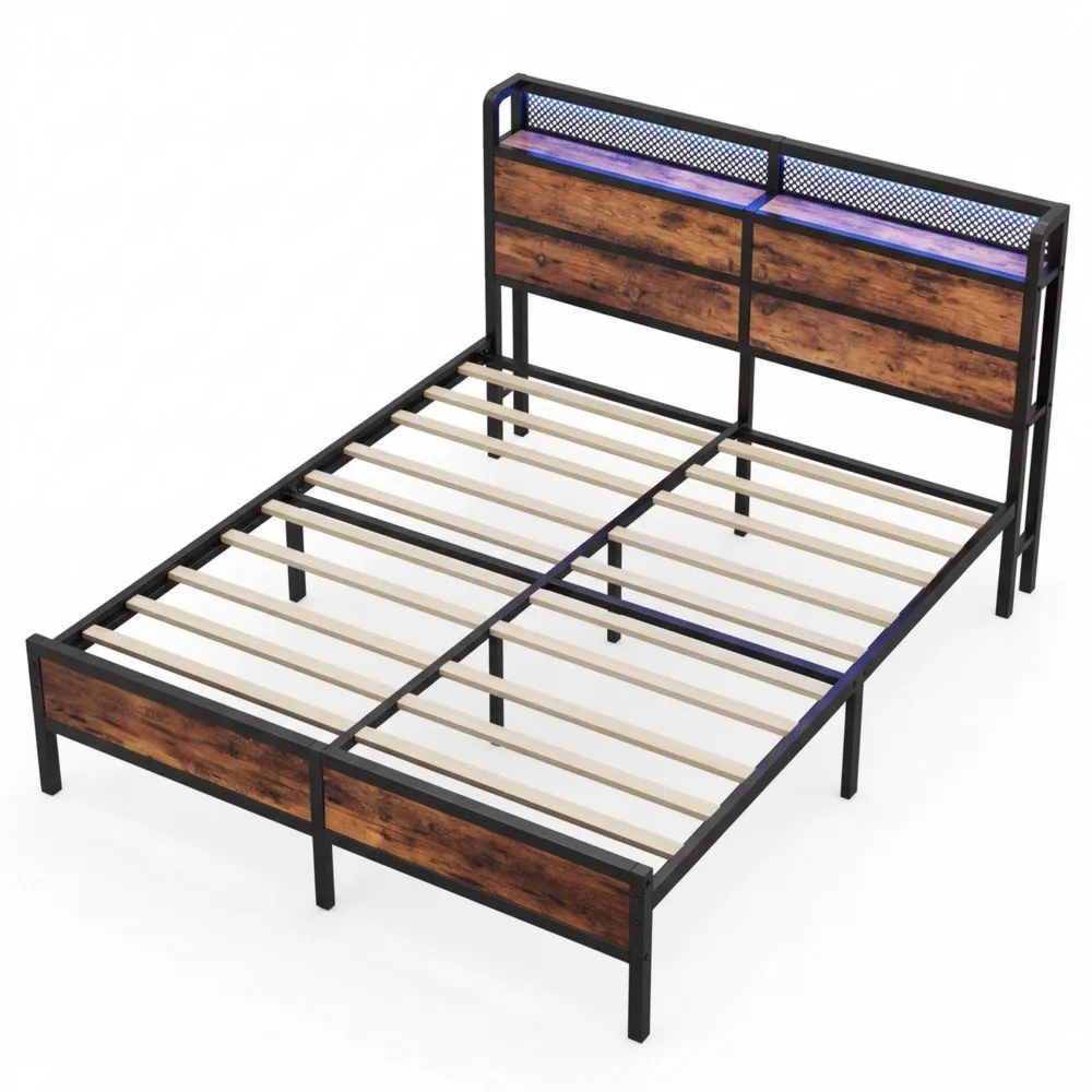 Metallbett 140x200 cm mit LED-Beleuchtung und Ladestation, Stauraum unter dem Bett