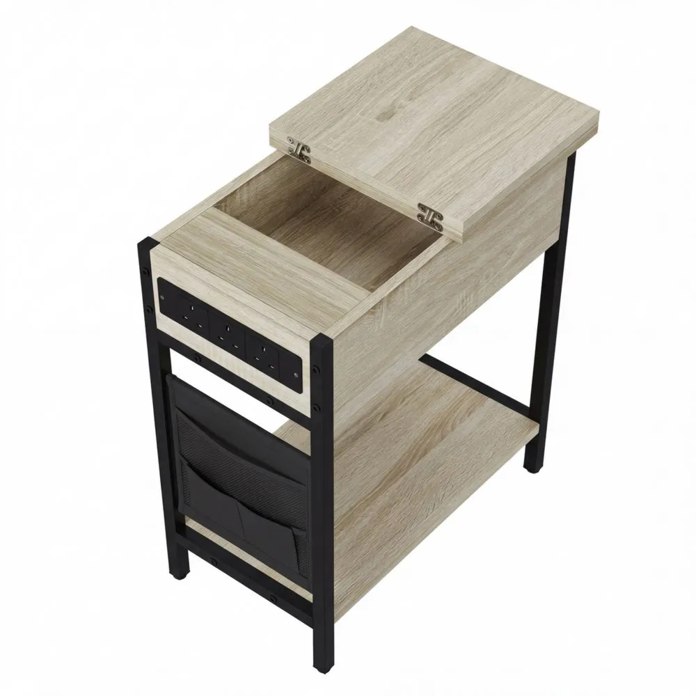 Kleiner Tisch mit Ladestation und Stauraum, USB-Anschluss, Helle Eiche