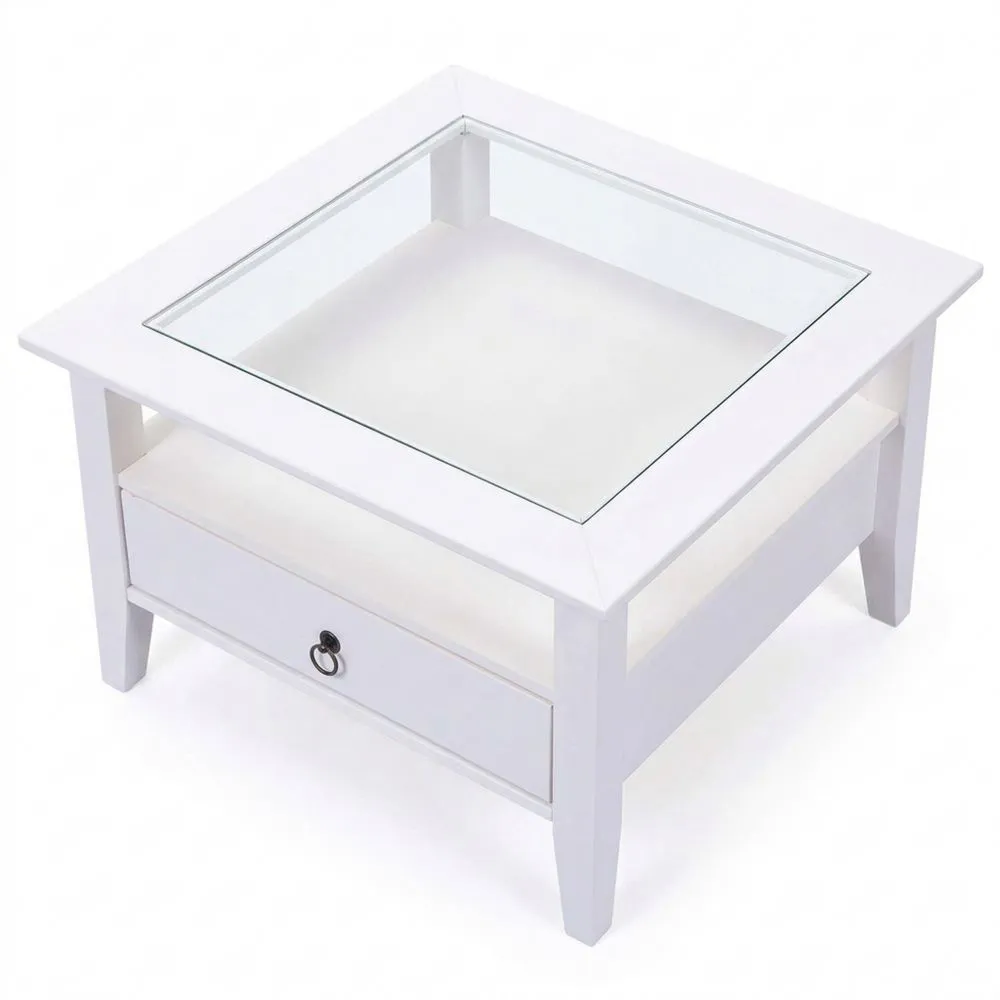 Massivholzcouchtisch mit Glasplatte und Schublade, 115 x 60 x 45 cm